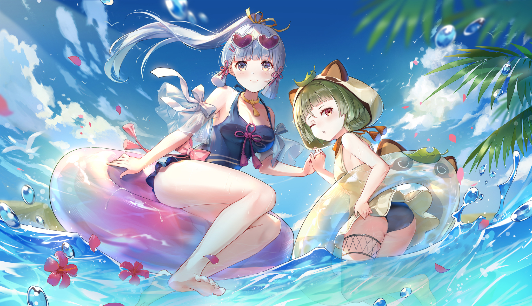 Summer Party - Genshin Impact, Kamisato Ayaka, Sayu, Anime Art, Игры, Loli, Sayu (Genshin Impact)