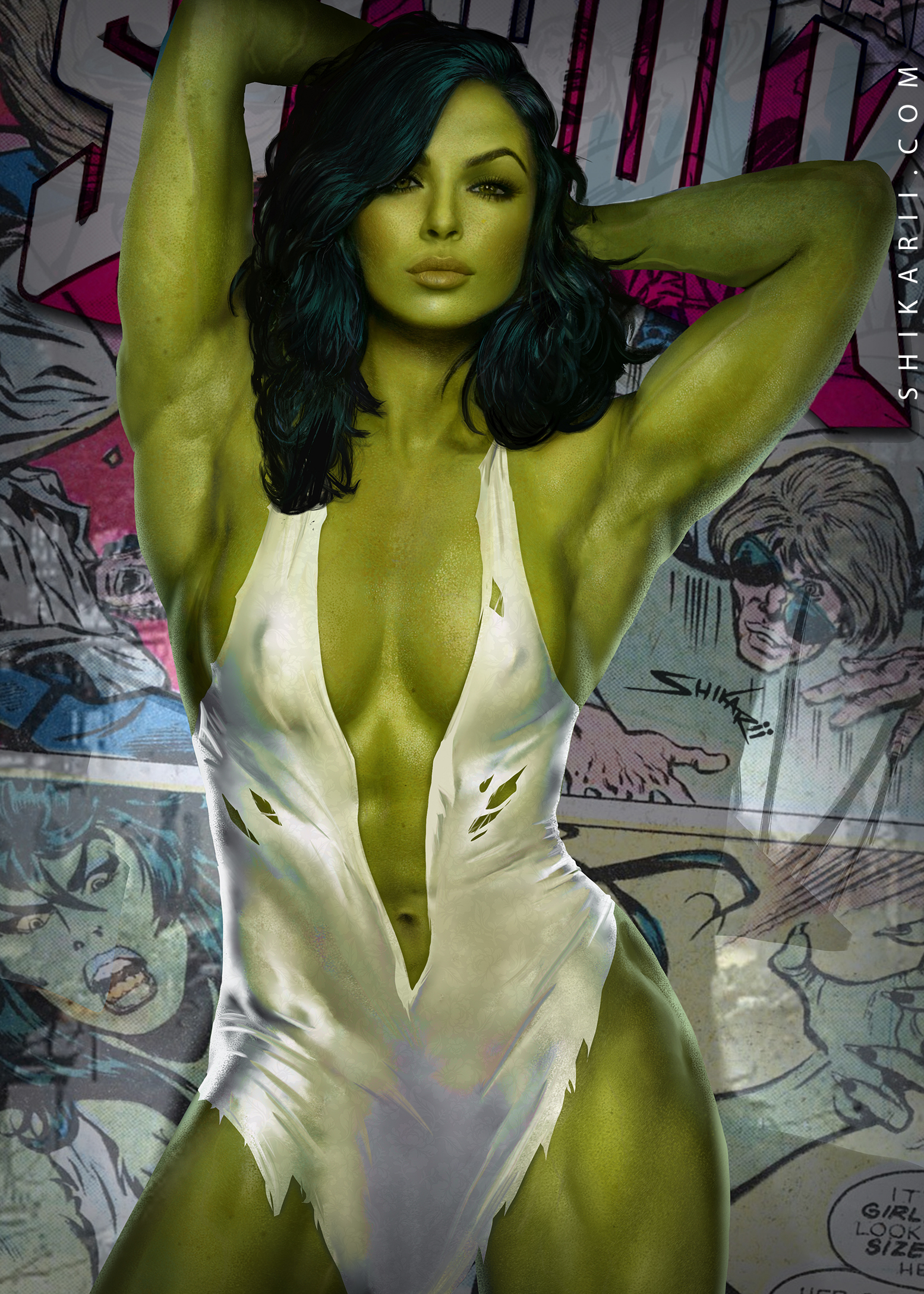 She-Hulk - NSFW, Крепкая девушка, Арт, Muscleart, Девушки, Женщина-Халк, Marvel, Длиннопост, Shikari Shambu