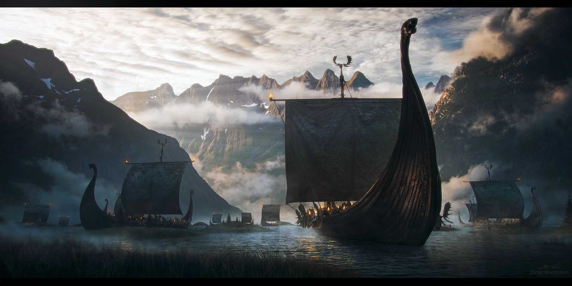 Through the fjord - Art, Fantasy, Викинги, Drakkar, Einar Martinsen