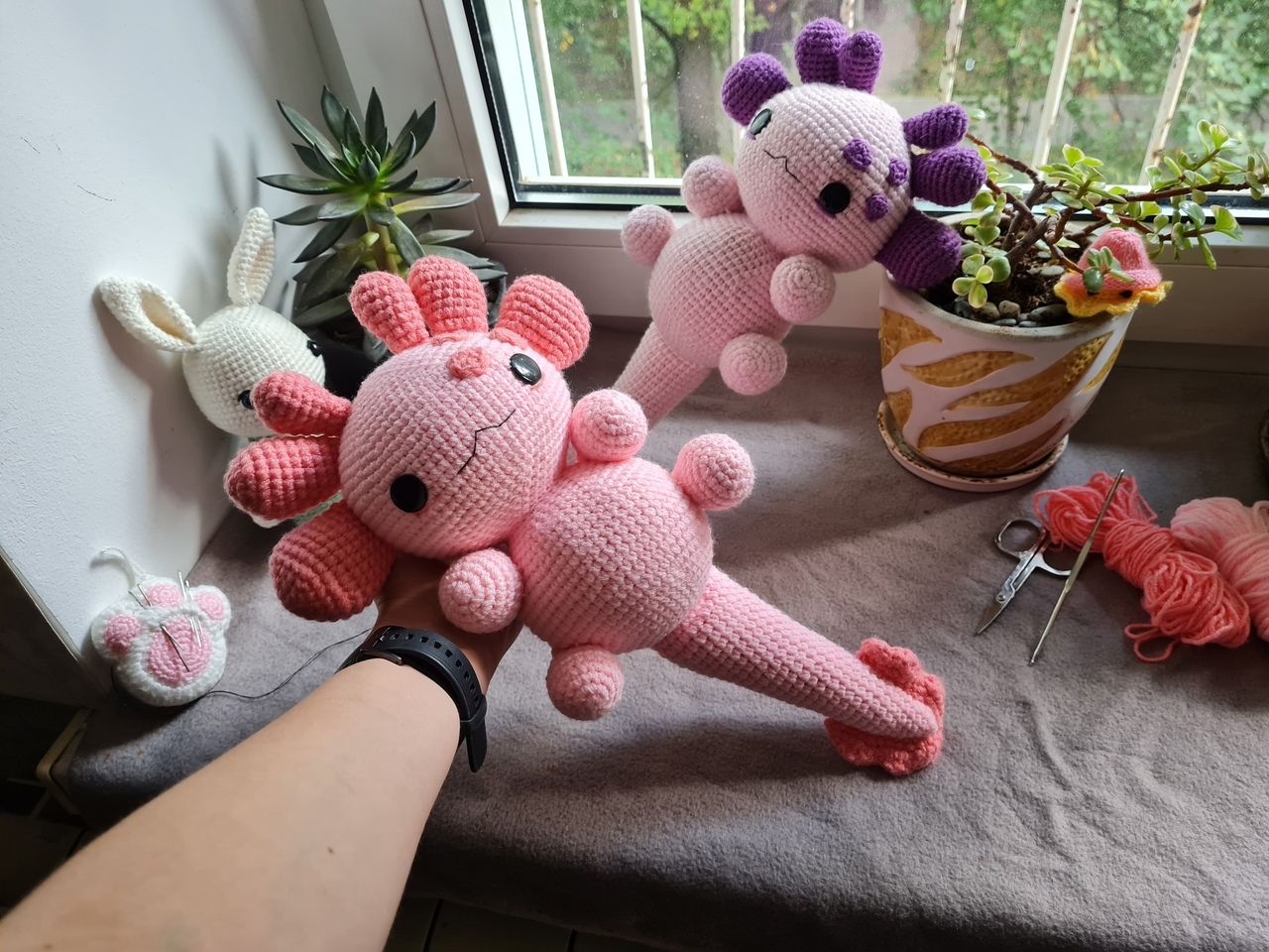 I think I have a favorite color of the Axolotl) - My, Knitting, Crochet, Knitted toys, Amigurumi, Axolotl, Handmade, With your own hands, Needlework without process, , Needlework, Toys, Pink, Longpost