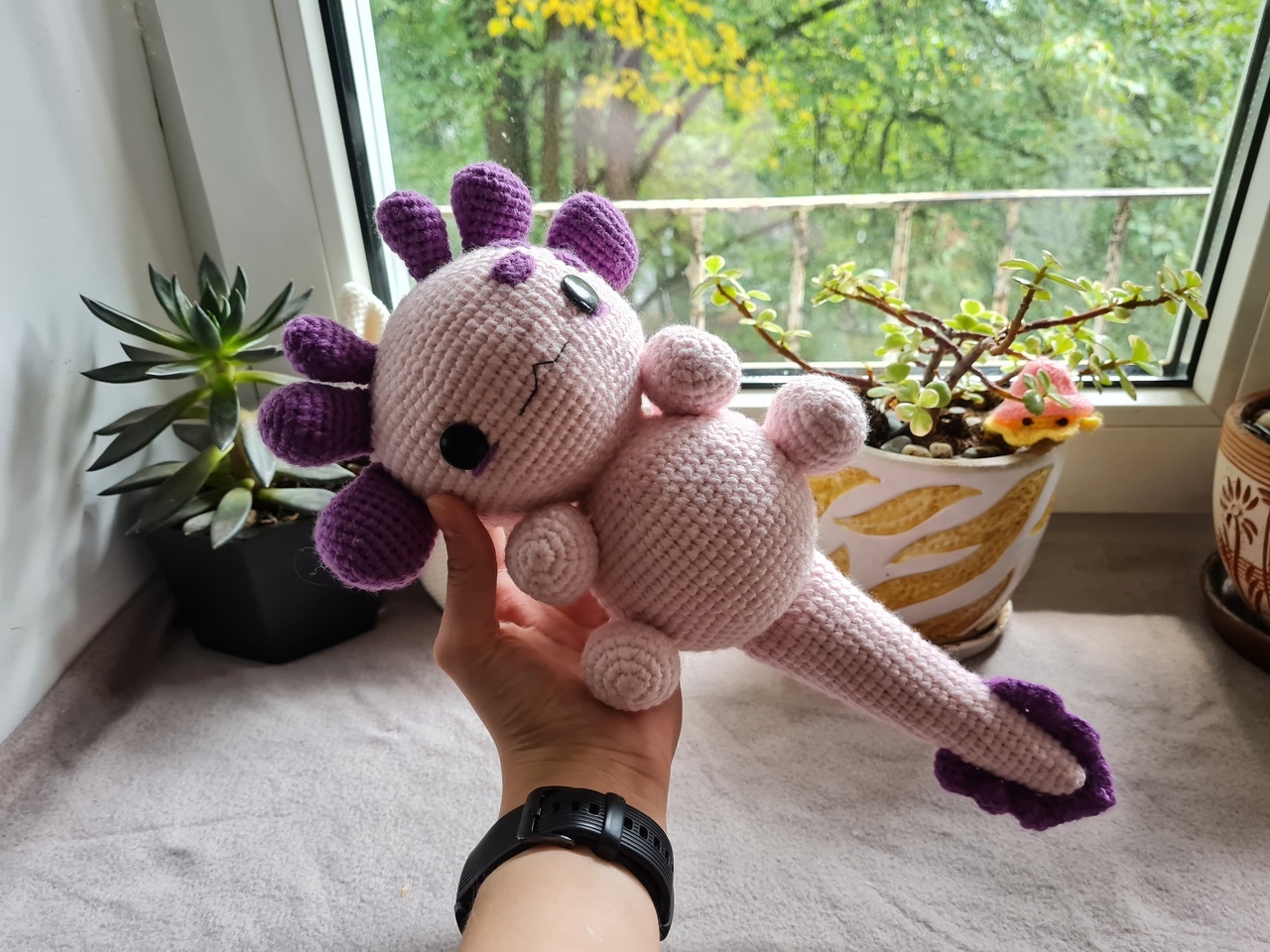 I think I have a favorite color of the Axolotl) - My, Knitting, Crochet, Knitted toys, Amigurumi, Axolotl, Handmade, With your own hands, Needlework without process, , Needlework, Toys, Pink, Longpost