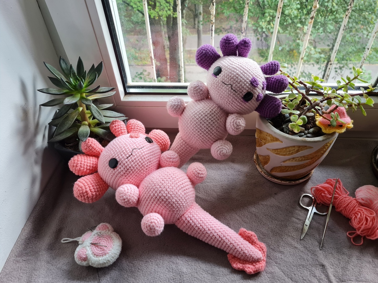 I think I have a favorite color of the Axolotl) - My, Knitting, Crochet, Knitted toys, Amigurumi, Axolotl, Handmade, With your own hands, Needlework without process, , Needlework, Toys, Pink, Longpost