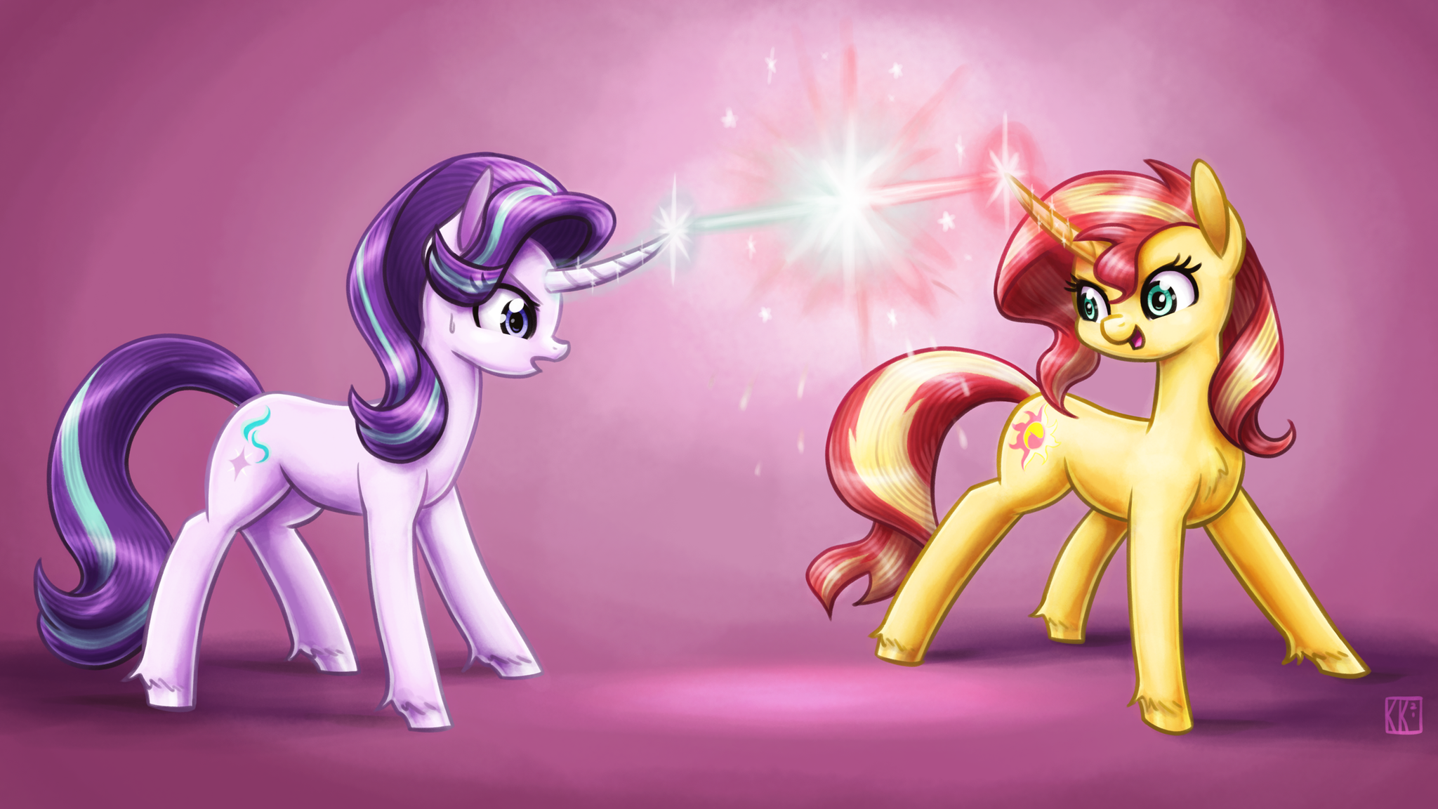 Magic Battle - My little pony, PonyArt, Sunset shimmer, Starlight Glimmer, King-Kakapo