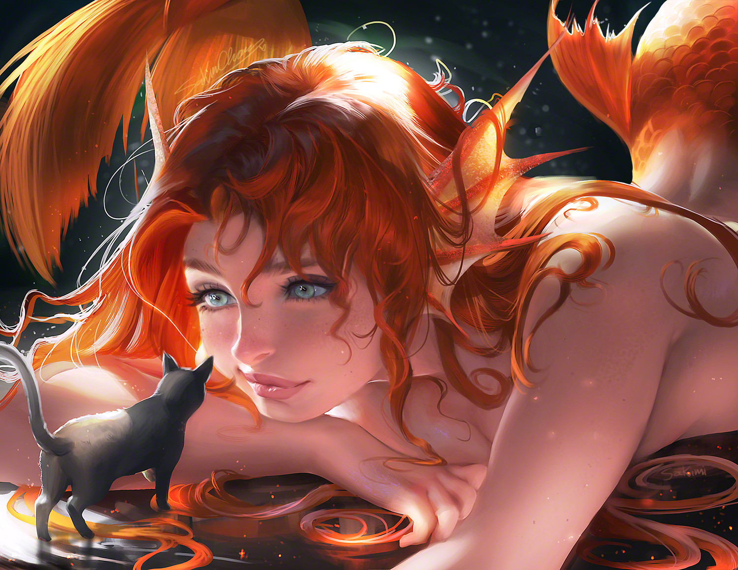 Redhead ... and a cat - NSFW, Sakimichan, Art, cat, Drawing, Mermaid