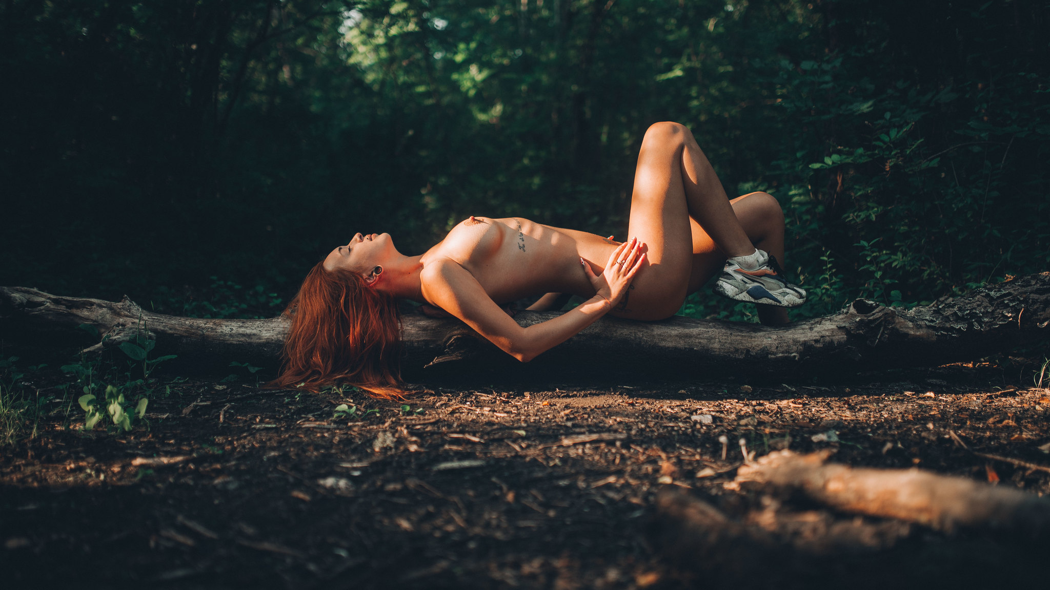 Lisova Mavka - NSFW, My, Professional shooting, Erotic, Forest, Nature, wildlife, Booty, Breast, Figure, , Redheads, Strong girl, Girl with tattoo, Tan line, Tan, Longpost