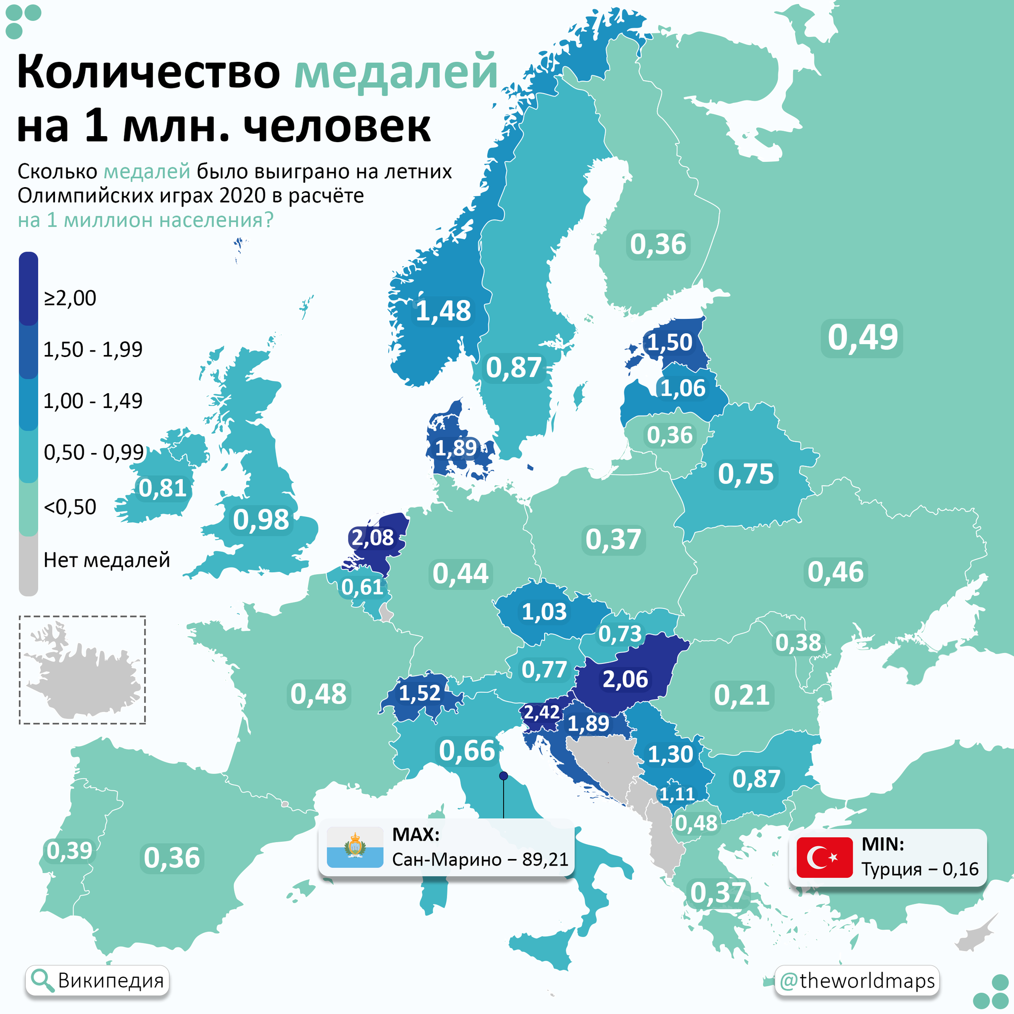 Number of Olympic medals per 1 million population - My, Cards, Geography, Europe, Infographics, Statistics, Olympiad, Medals