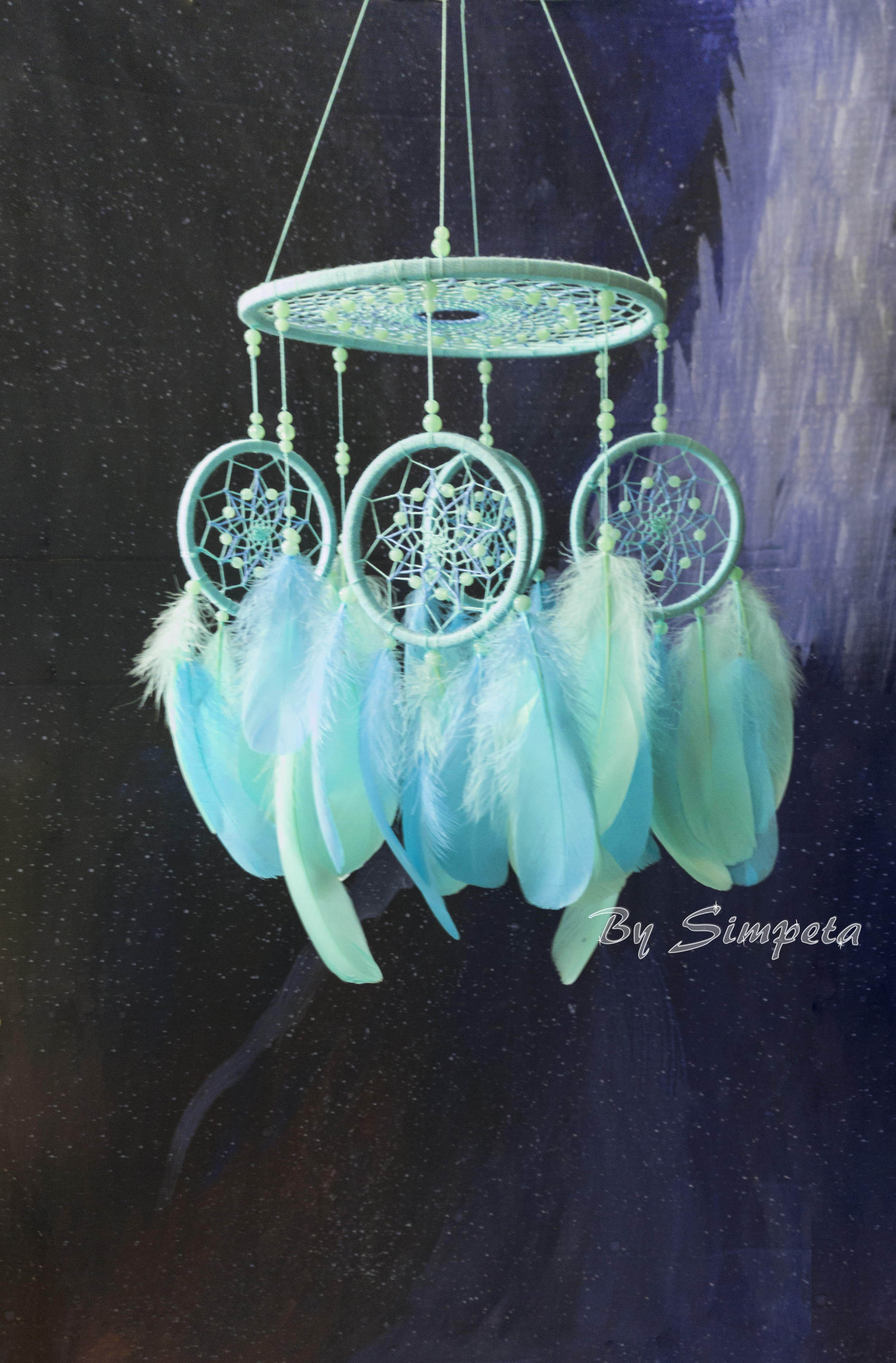 Dreamcatcher - mobile - Waterfall - My, Bysimpeta, Dreamcatcher, Mobile, For children, Hobby, Needlework, Needlework without process, Handmade, With your own hands, Waterfall, Creation, Baby, Copyright, Blue, Longpost