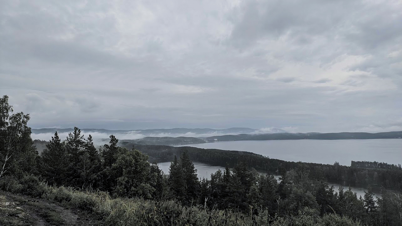 View from the observation deck to the lakes Turgoyak and Inyshko (closer) - My, Miass, Turgoyak, Southern Urals, Chelyabinsk region, Lake, Landscape, dawn, Fog, , Nature, Travel across Russia, Russia
