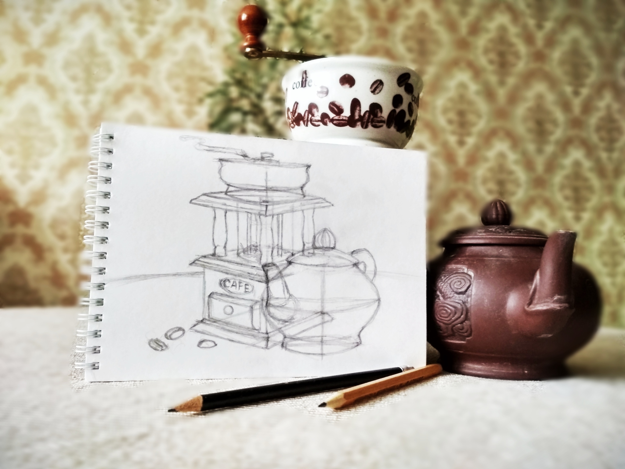 Composition with coffee grinder and kettle - My, Coffee grinder, Pencil drawing, Kettle, Drawing, The photo, Composition, Still life, Sketch, , Sketch