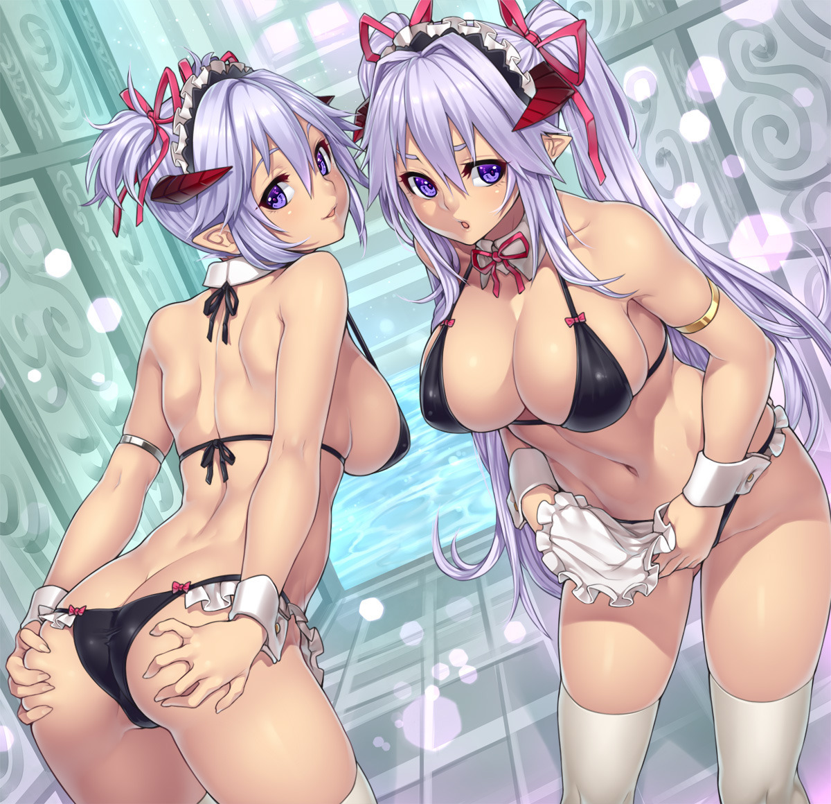 Twins - NSFW, Girls, Anime, Anime art, Succubus, Demoness, Erotic, Hand-drawn erotica, Underwear, Longpost, , Houtengeki