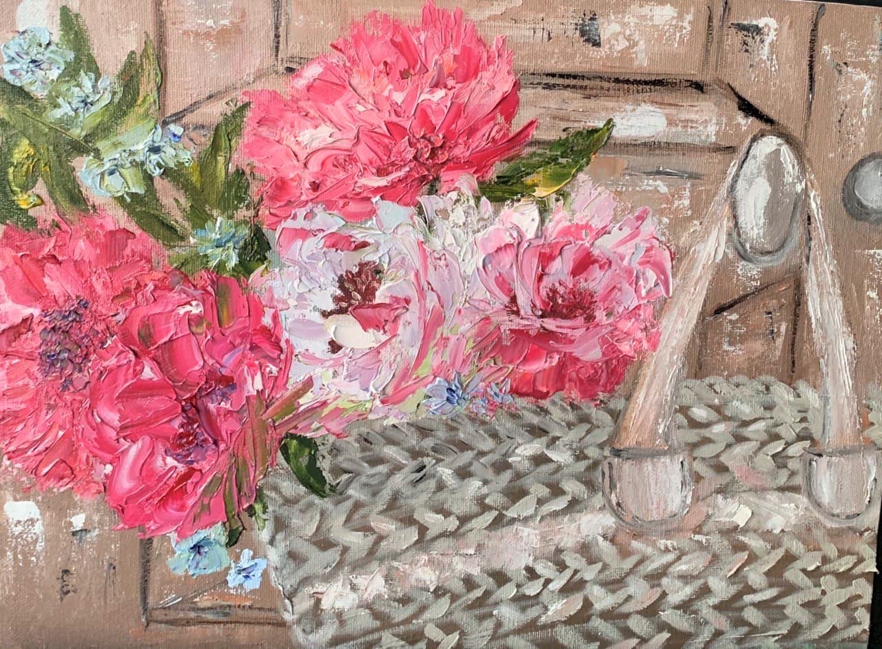 Peonies in a bag - My, Drawing, Painting, Creation, Сумка, Door, Peonies, Flowers