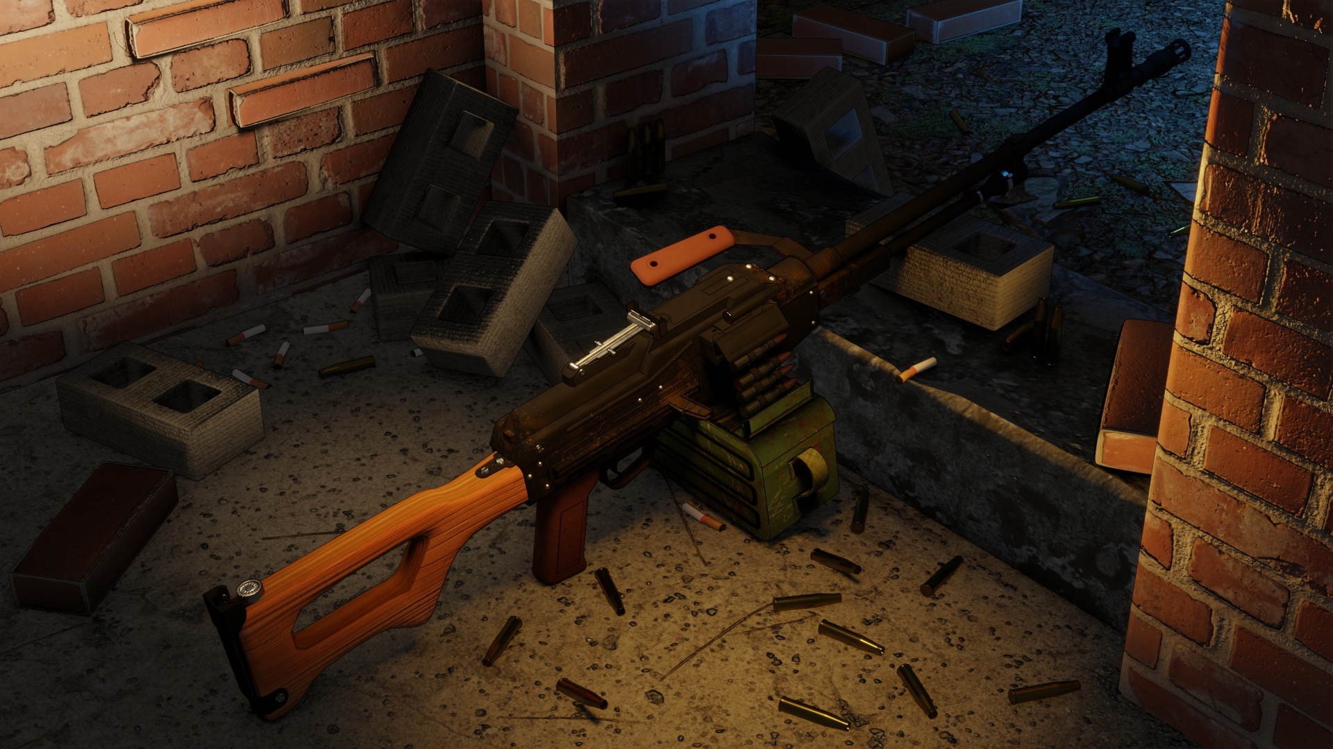 PKM - My, Kalashnikov machine gun, Weapon, Machine gun, Night, Diorama, Blender, Substance painter, 3D modeling, , Gamedev