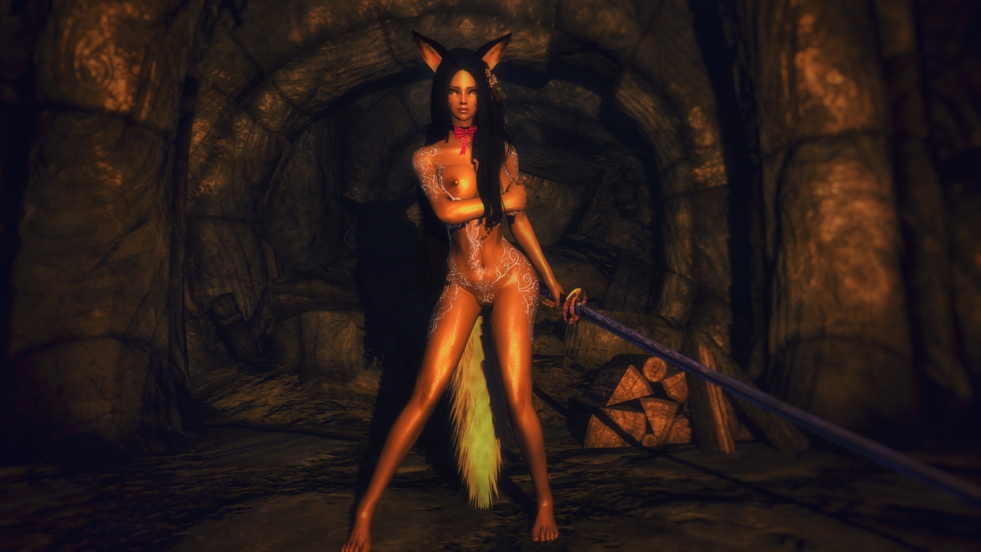 В Нордских руинах - NSFW, Моё, Скриншот, Эротика, Skyrim, Кицунэ, Animal Ears, Грудь, Половые губы, Длиннопост