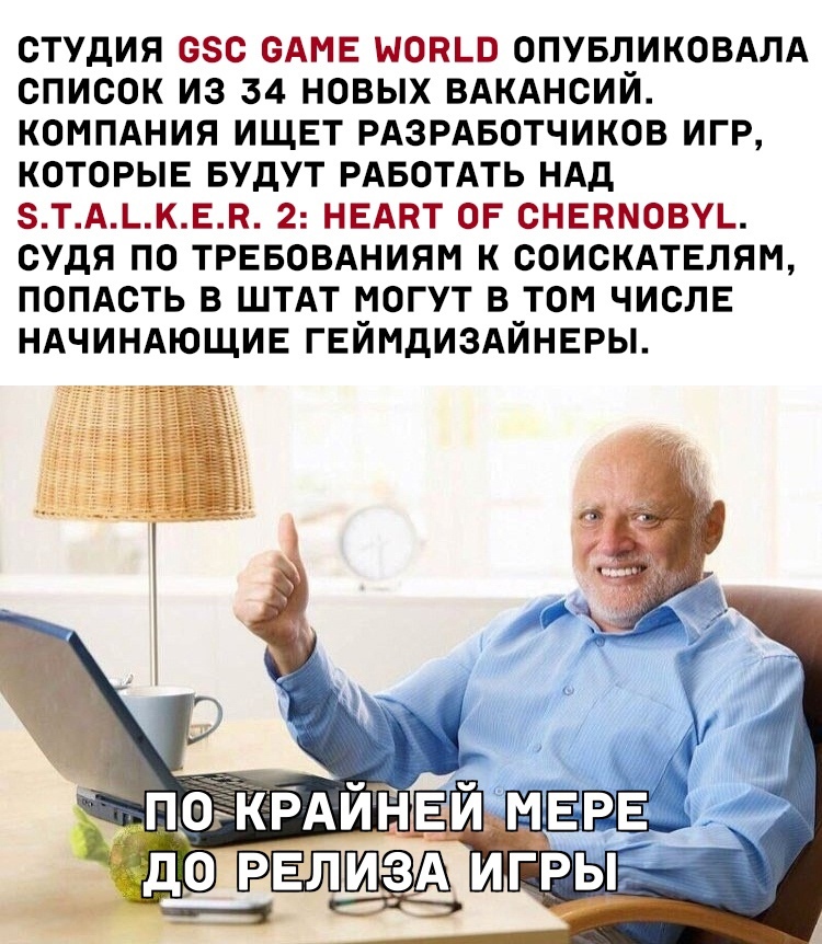 Лучше поздно,чем никогда - Мемы, Гарольд скрывающий боль, Сталкер 2: Сердце Чернобыля, Разработка, Найм, Картинка с текстом