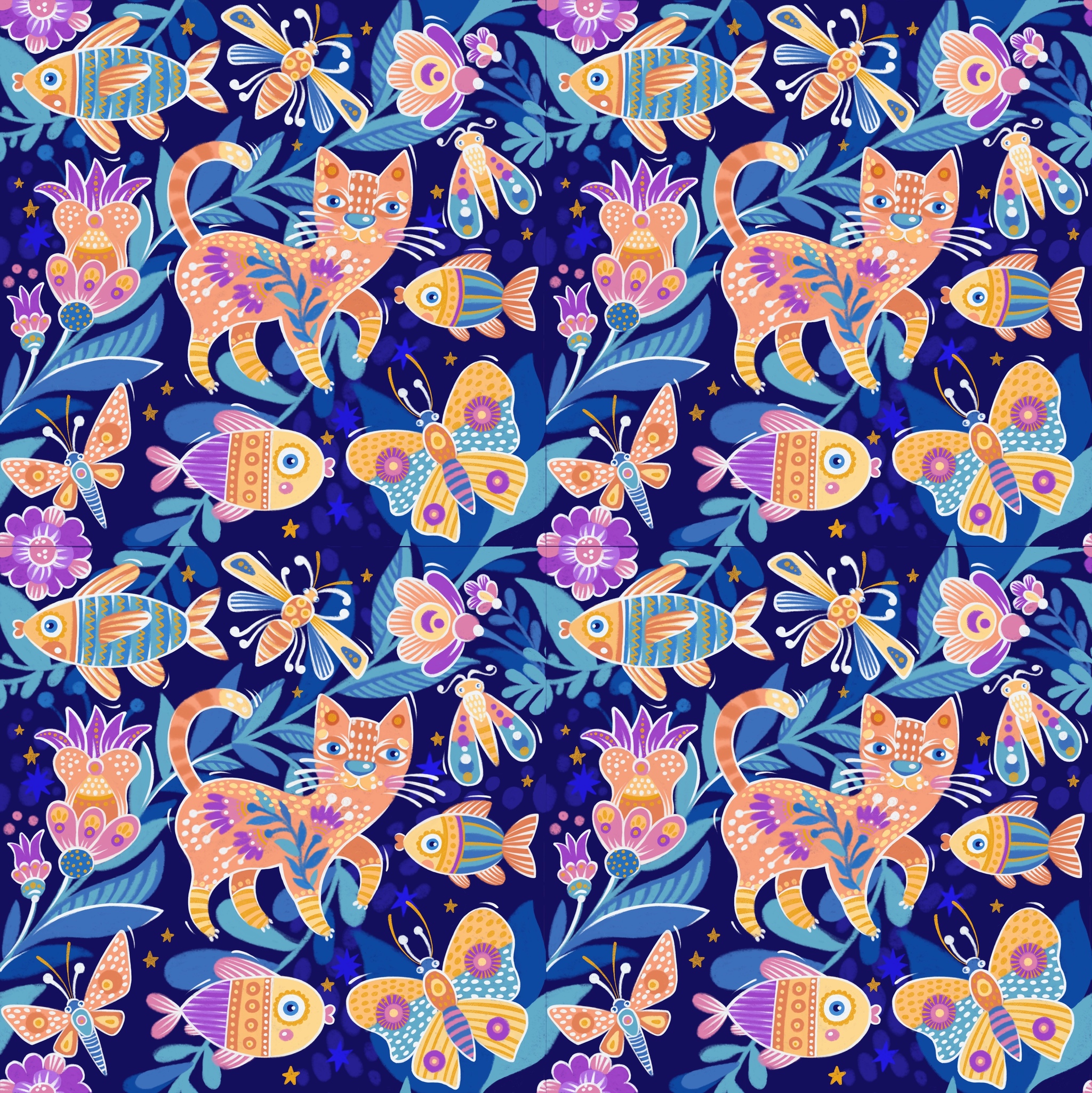 Seamless pattern with cat - My, Patterns, Drawing, Digital drawing, Art, Creation, cat, Drawing process, Video, Longpost