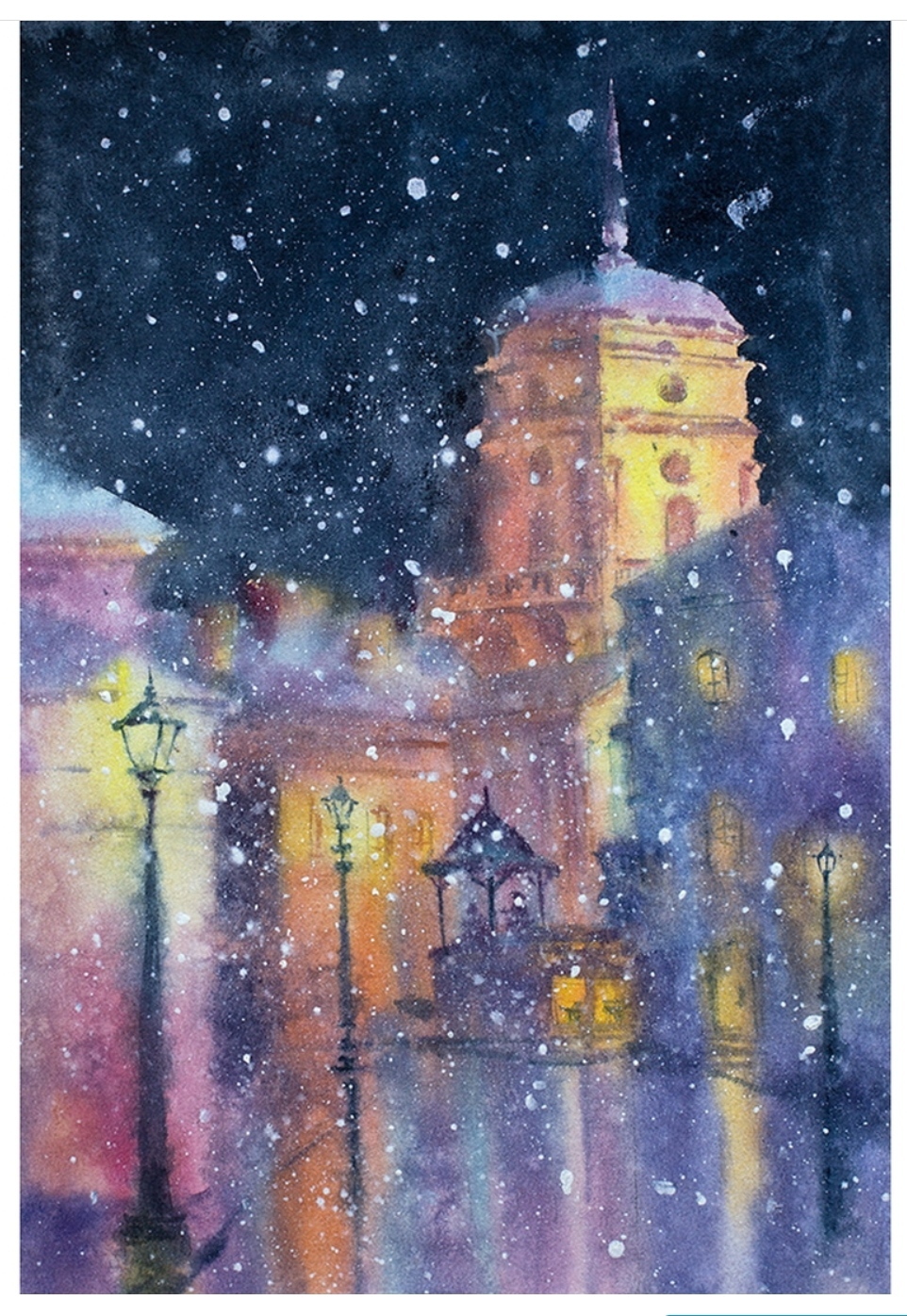 Christmas party 28*36 watercolor - My, Watercolor, Painting, Town, Night, Snowfall, Night city