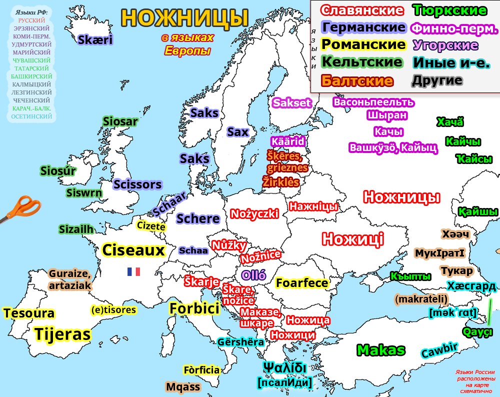 Scissors in the languages ??of Europe (map) - My, Cards, Scissors, Foreign languages, Linguistics, Vocabulary, Language, Comparison
