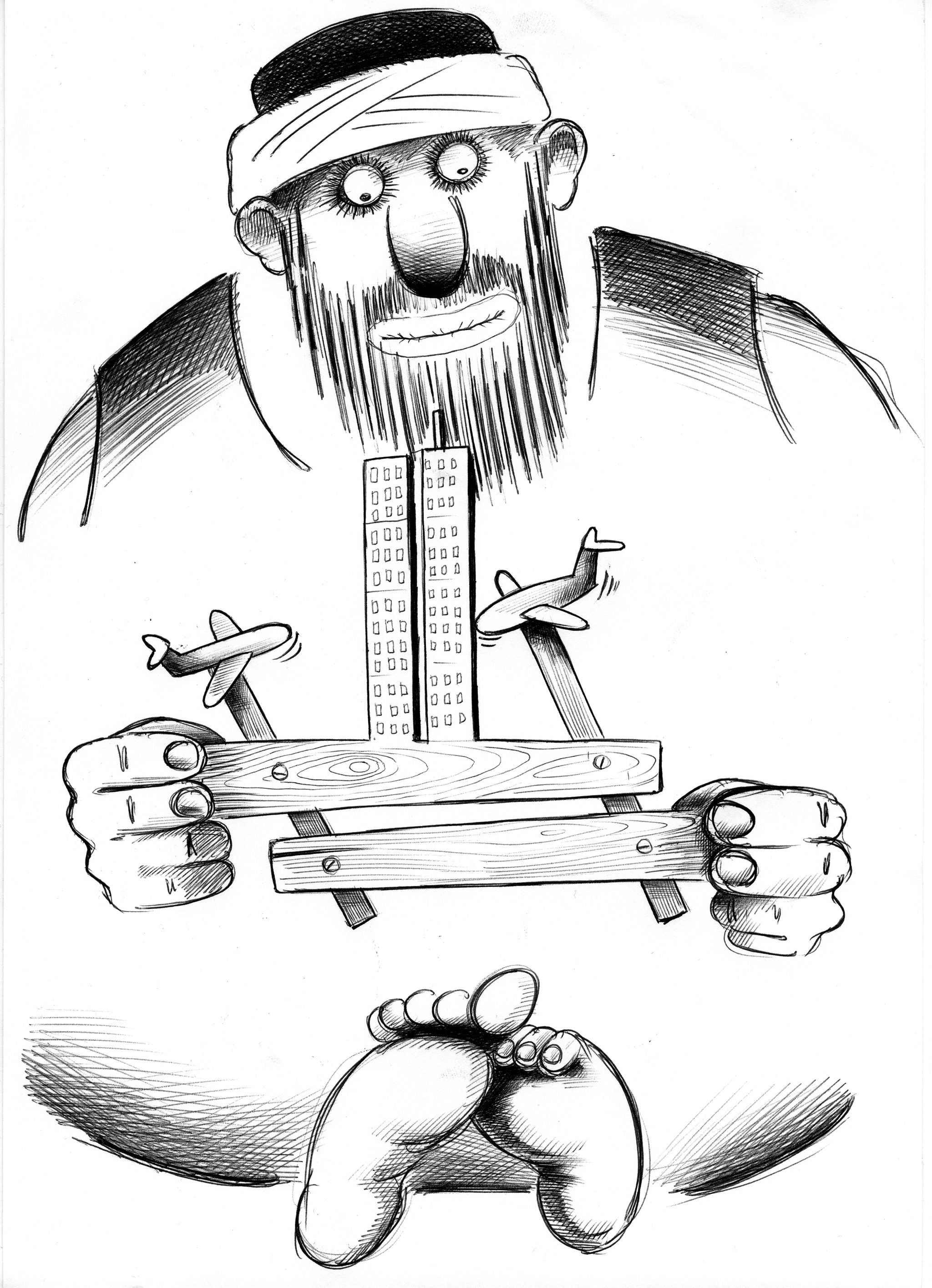 Wooden Toys - My, Sergey Korsun, Caricature, Pen drawing, Black humor, Twin Towers, 11 September, Terrorism, Wooden Toys, , Repeat