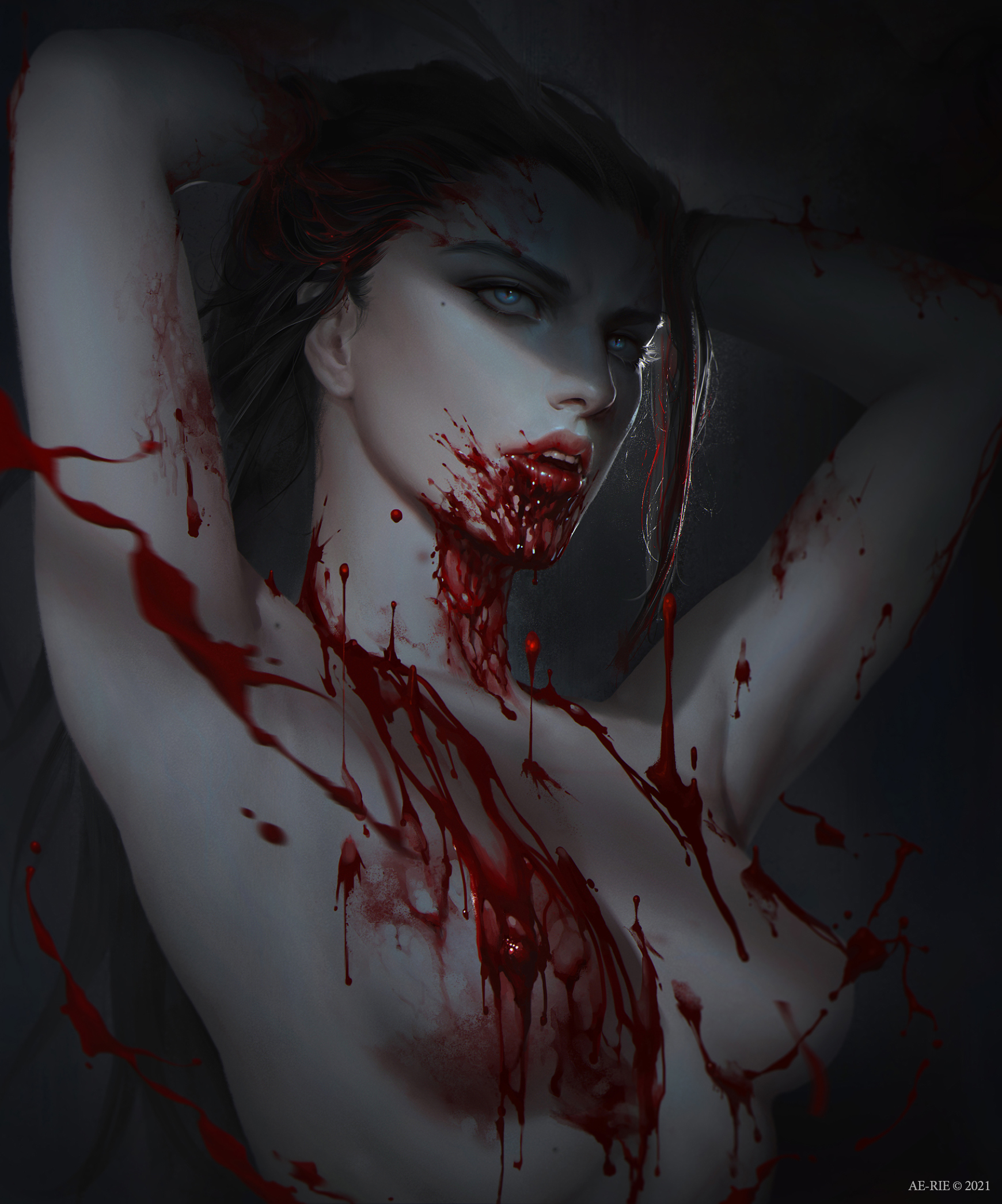 Blood and Darkness - NSFW, Рисунок, Девушки, Вампиры, Кровь, Мрачное, Эротика, Ae-Rie, Арт