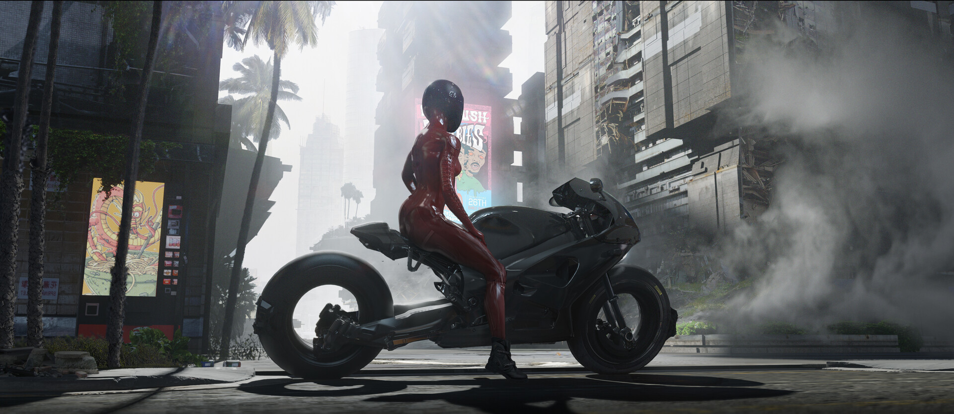 In the midday heat - Art, Images, Digital drawing, 3D, Cyberpunk, Futurism, Girls, Moto, , Motorcyclists