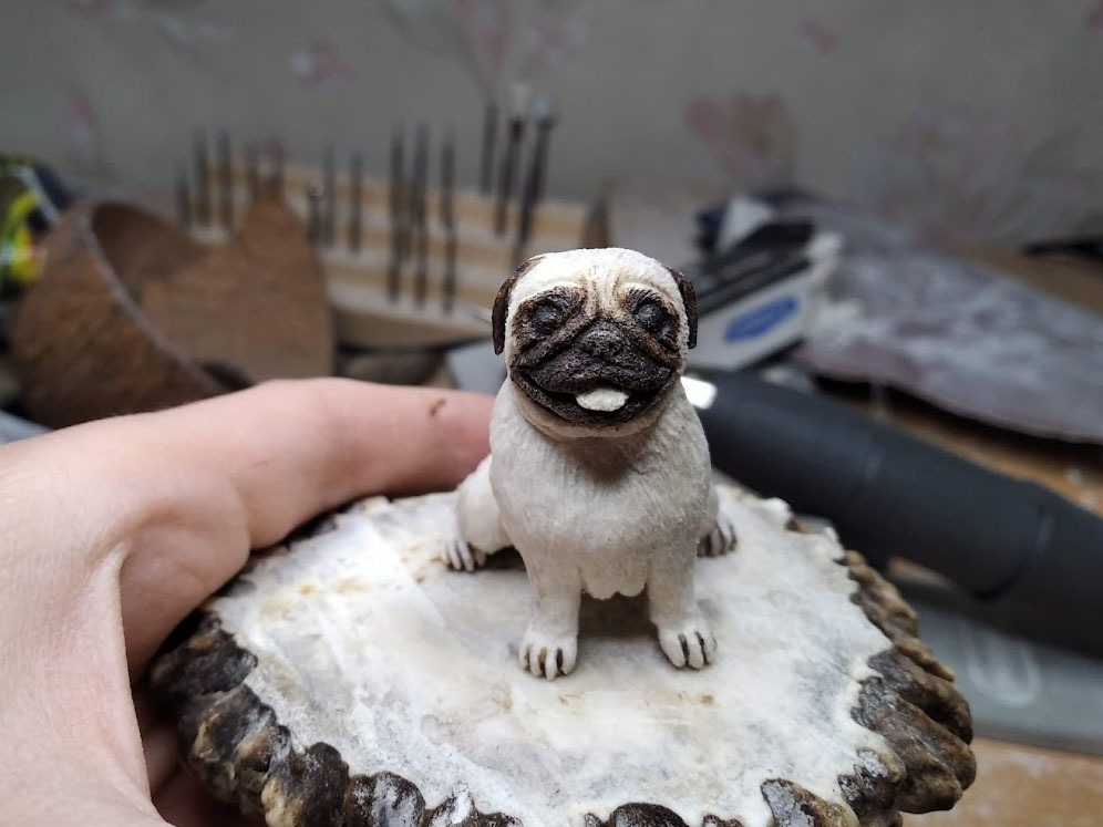 Moose horn pug! - My, Bone carving, Pug, Needlework with process, With your own hands, Dog, Handmade, Video, Longpost
