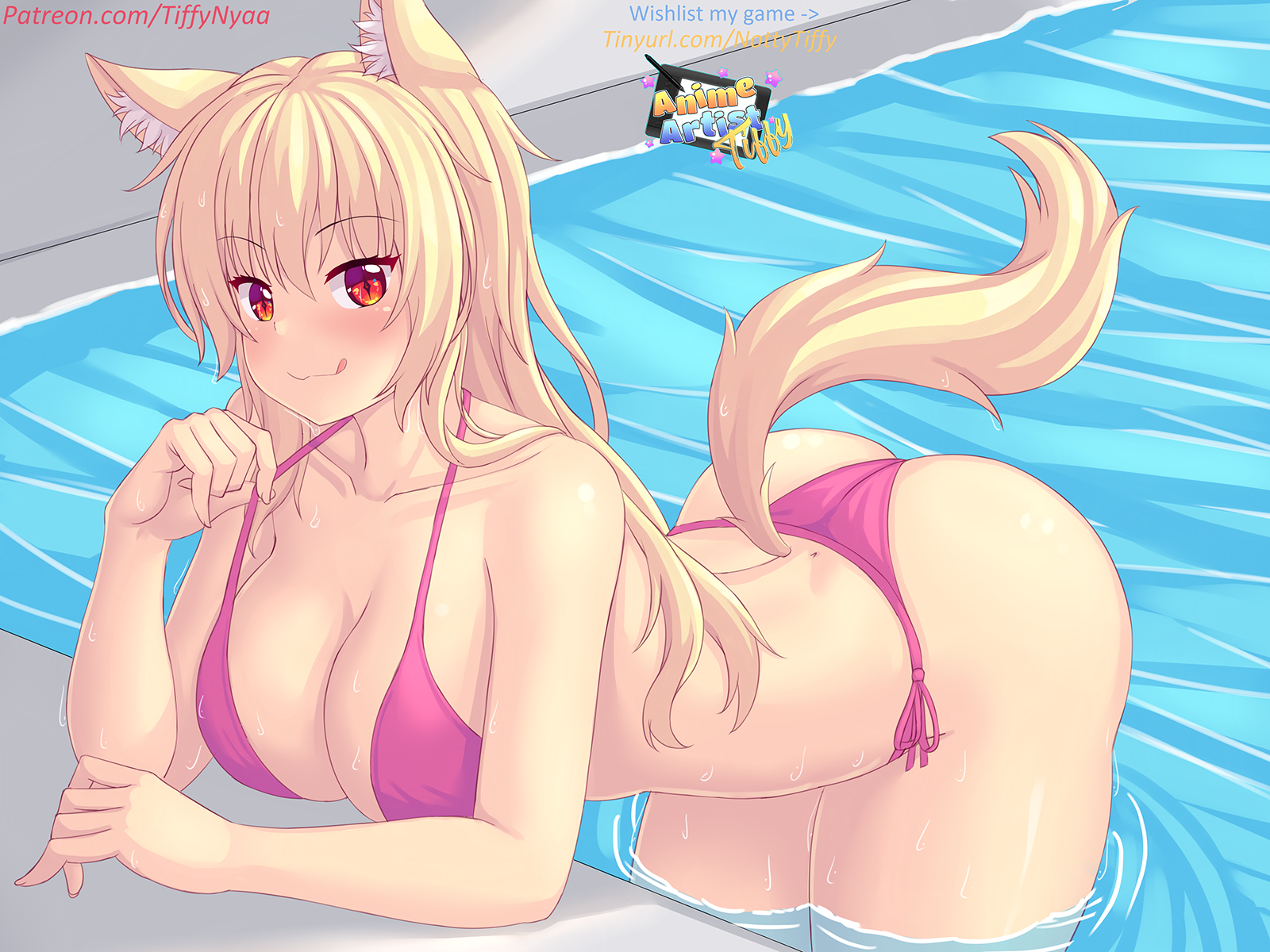 I bet you'd like to go to swimming lessons with me) - NSFW, Anime, Anime art, Anime original, Tiffy, Animal ears, Tail, Hand-drawn erotica, Swimsuit, , Breast, Original character, Fastrunner2024