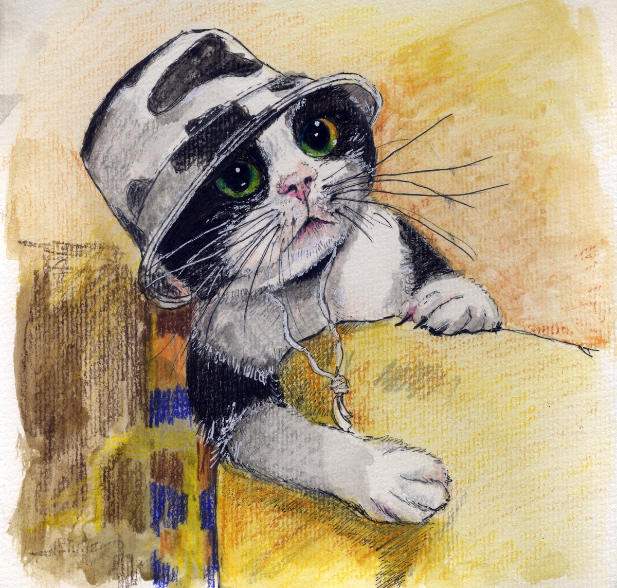 Kitten in a hat - My, cat, Watercolor pencils, Creation, Drawing, Graphics