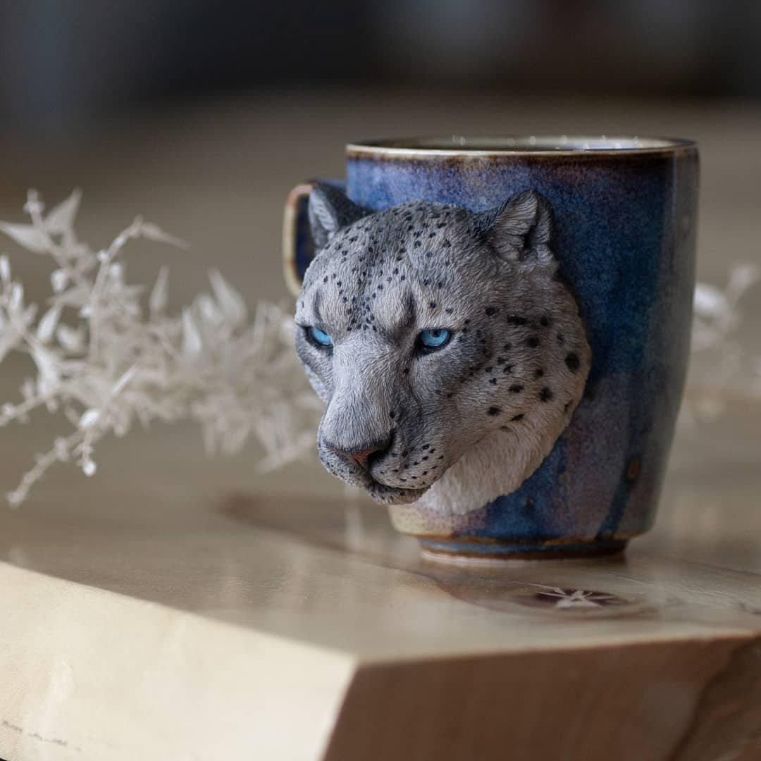 Leopard made of polymer clay - My, Leopard, cat, Handmade, Polymer clay, Mug with decor, With your own hands, Longpost