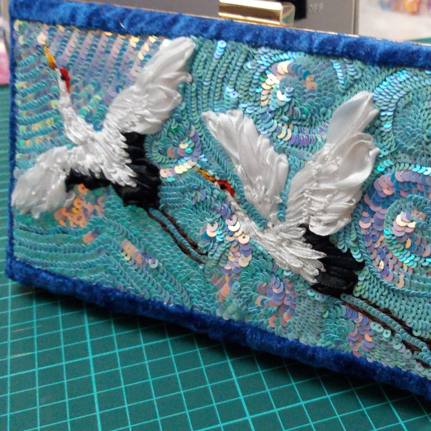 Clutch with cranes - My, Embroidery, Luneville hook, Longpost, Needlework without process