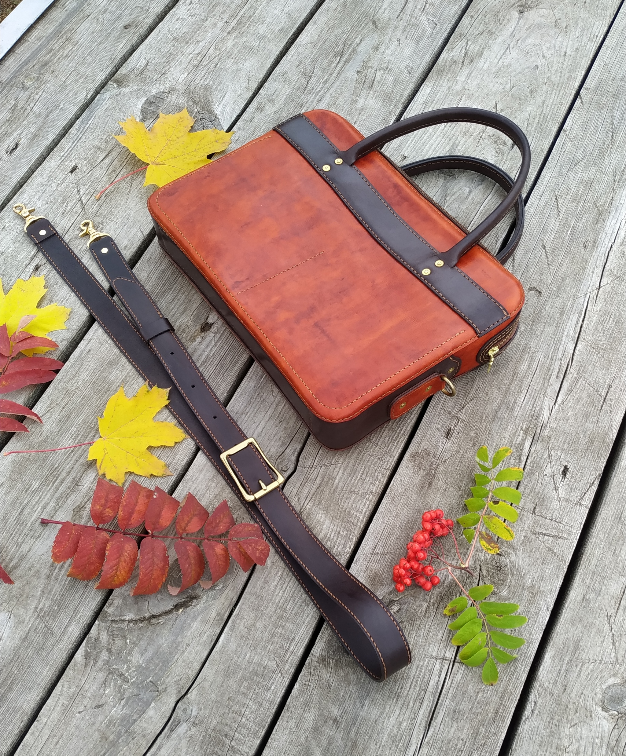 Combination of chocolate and orange - My, Leather products, Leather, Needlework without process, Natural leather, Сумка, Longpost