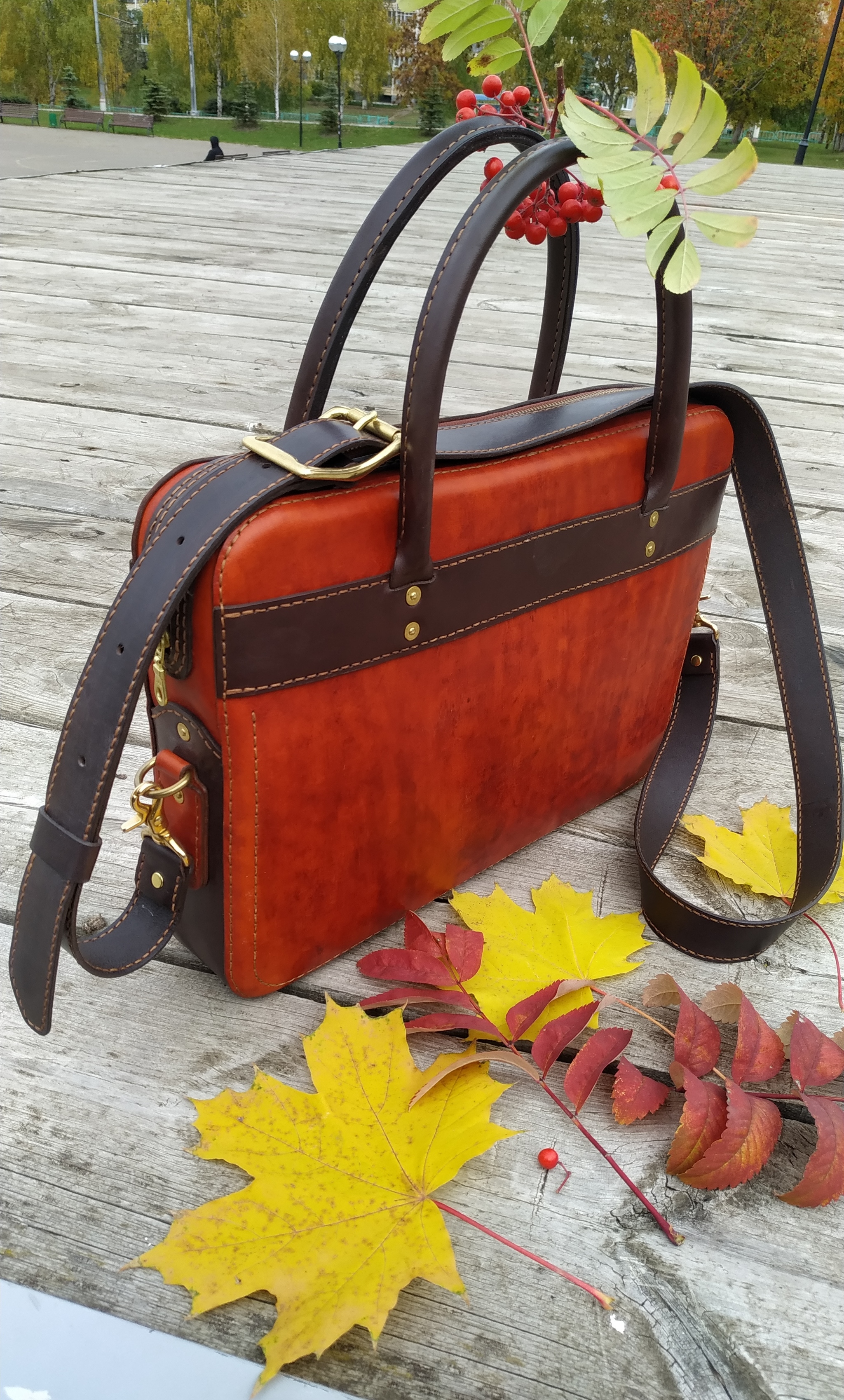 Combination of chocolate and orange - My, Leather products, Leather, Needlework without process, Natural leather, Сумка, Longpost