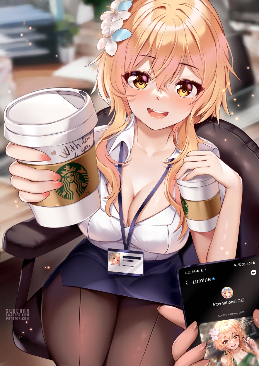 Coffee with a colleague - NSFW, Genshin impact, Lumine, Anime art, Art, Games