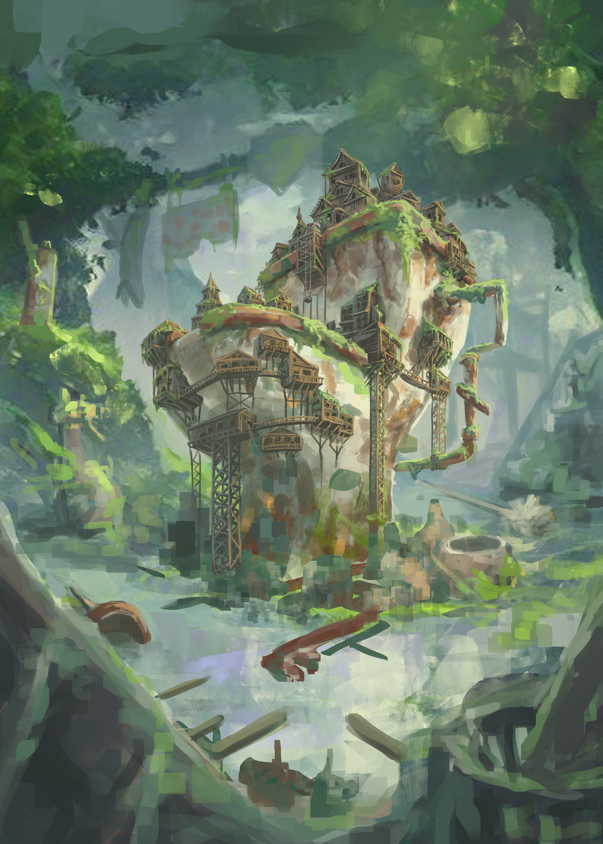 Incomprehensible monument with toilet humor :D - My, Art, Concept Art, Fantasy, Post apocalypse, Apocalypse, Magic, Forest, Lake, , Toilet, Toilet humor, Illustrations, Magic, Peace, Town, Village, Toilet, Plants, Longpost