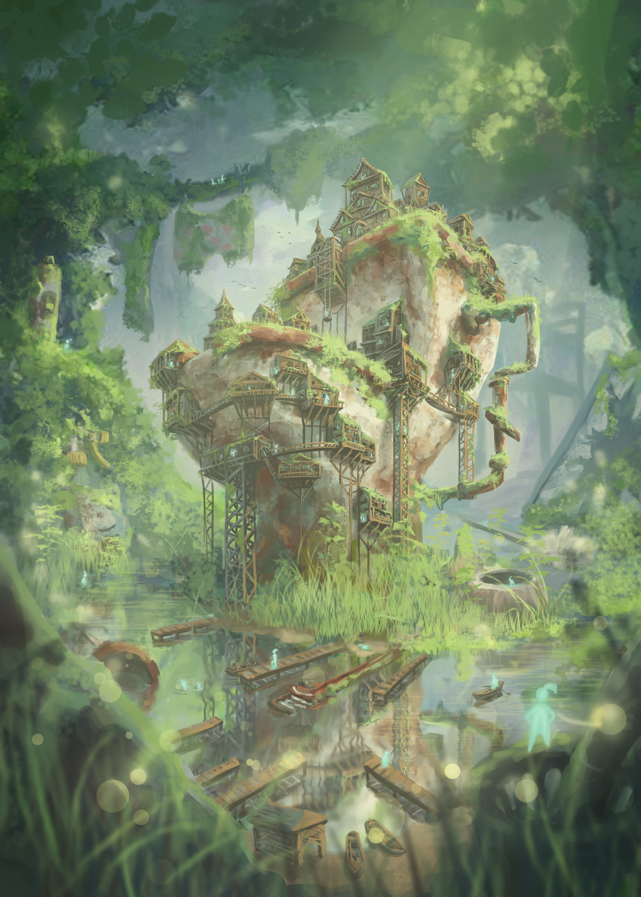 Incomprehensible monument with toilet humor :D - My, Art, Concept Art, Fantasy, Post apocalypse, Apocalypse, Magic, Forest, Lake, , Toilet, Toilet humor, Illustrations, Magic, Peace, Town, Village, Toilet, Plants, Longpost