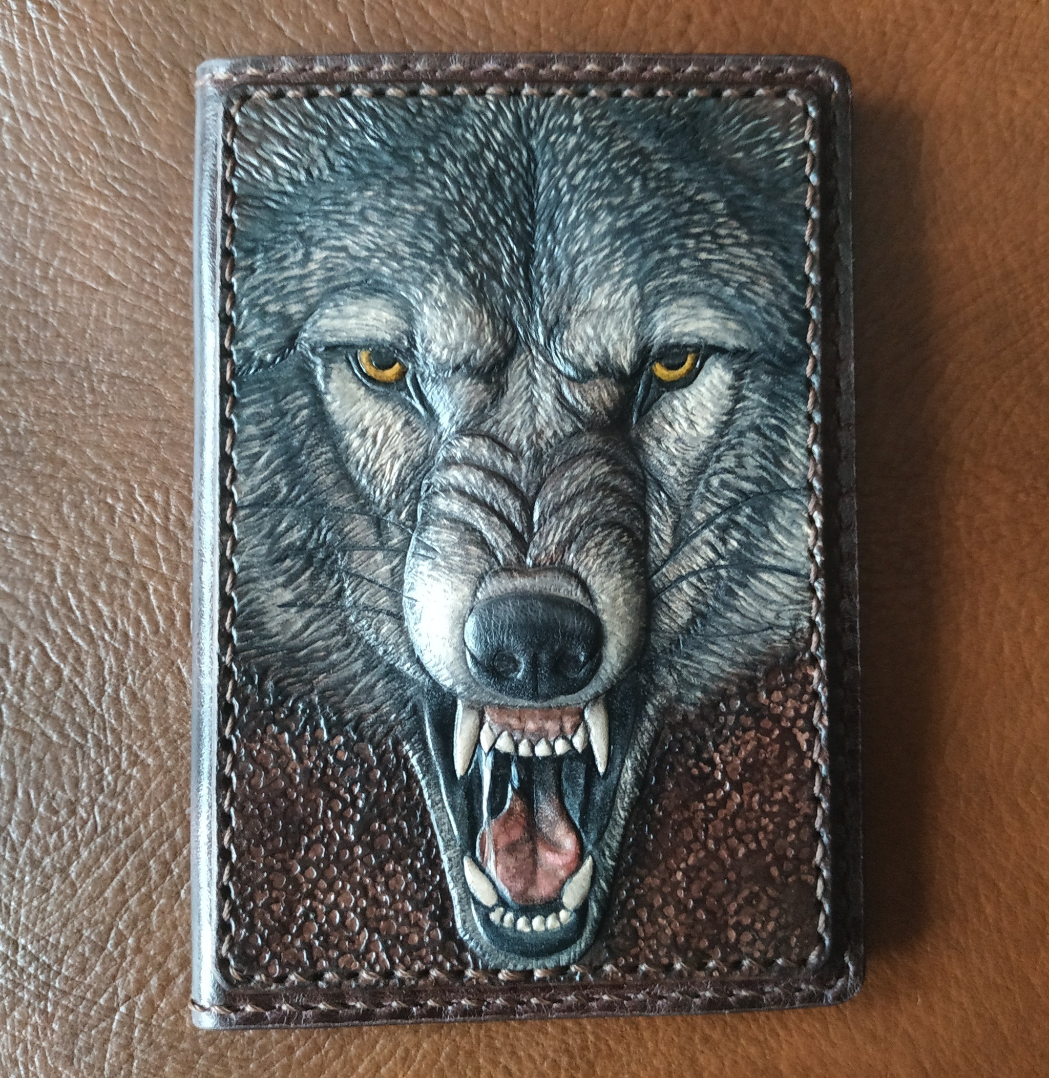 Wolves, leather stamping - My, Leather, Embossing on leather, Purse, Dockholder, Cover, Wolf, Longpost, Needlework with process