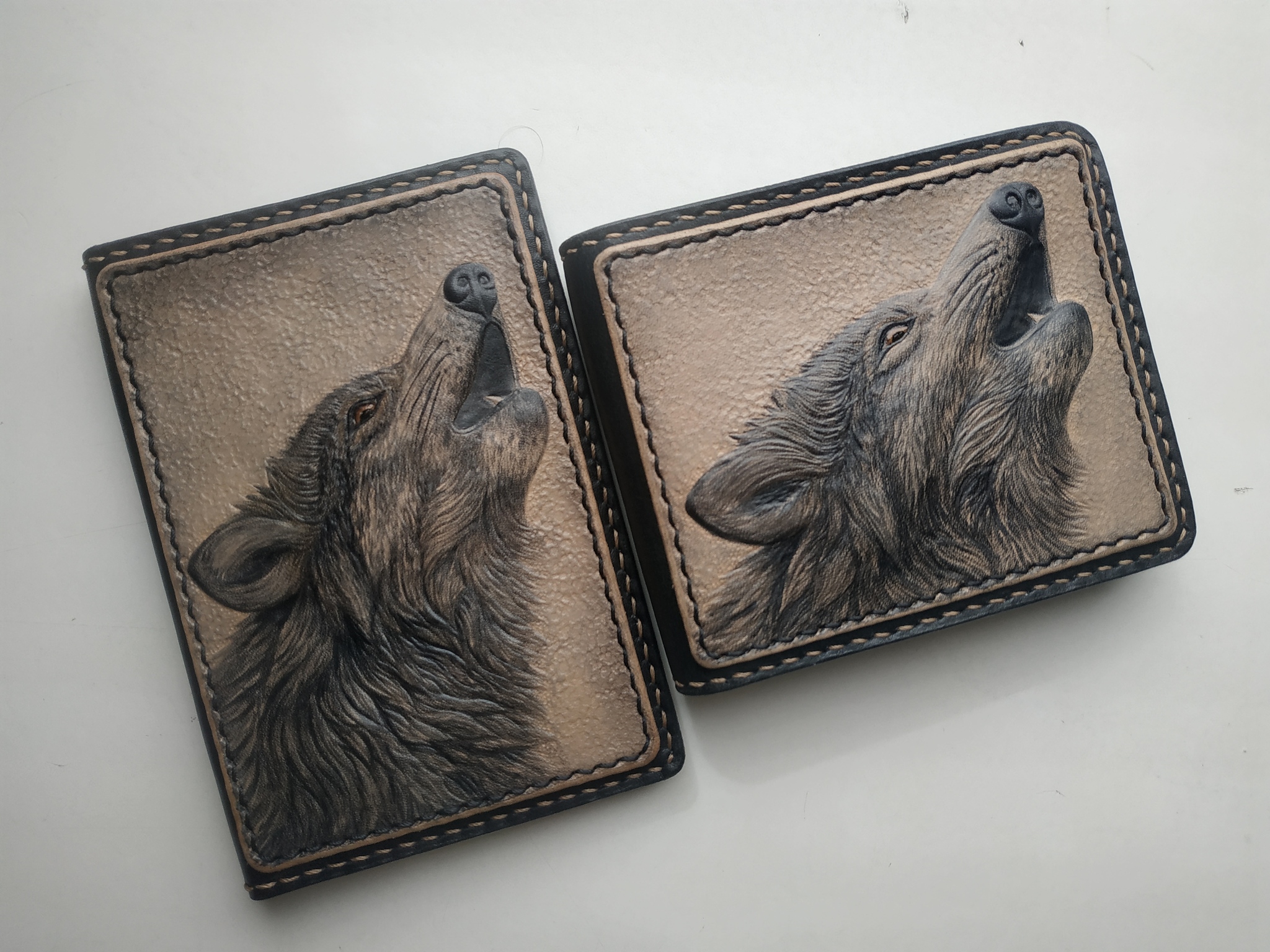 Wolves, leather stamping - My, Leather, Embossing on leather, Purse, Dockholder, Cover, Wolf, Longpost, Needlework with process