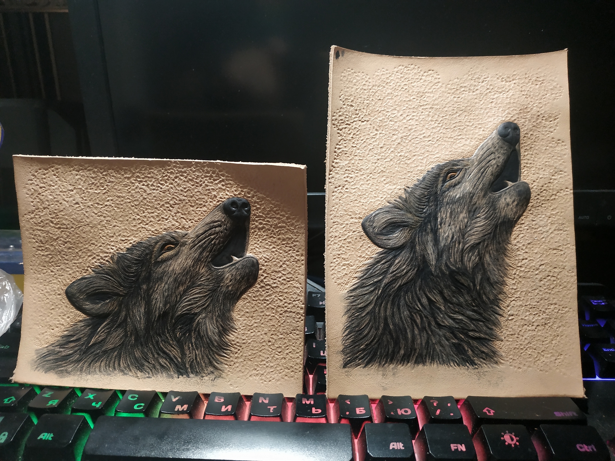 Wolves, leather stamping - My, Leather, Embossing on leather, Purse, Dockholder, Cover, Wolf, Longpost, Needlework with process