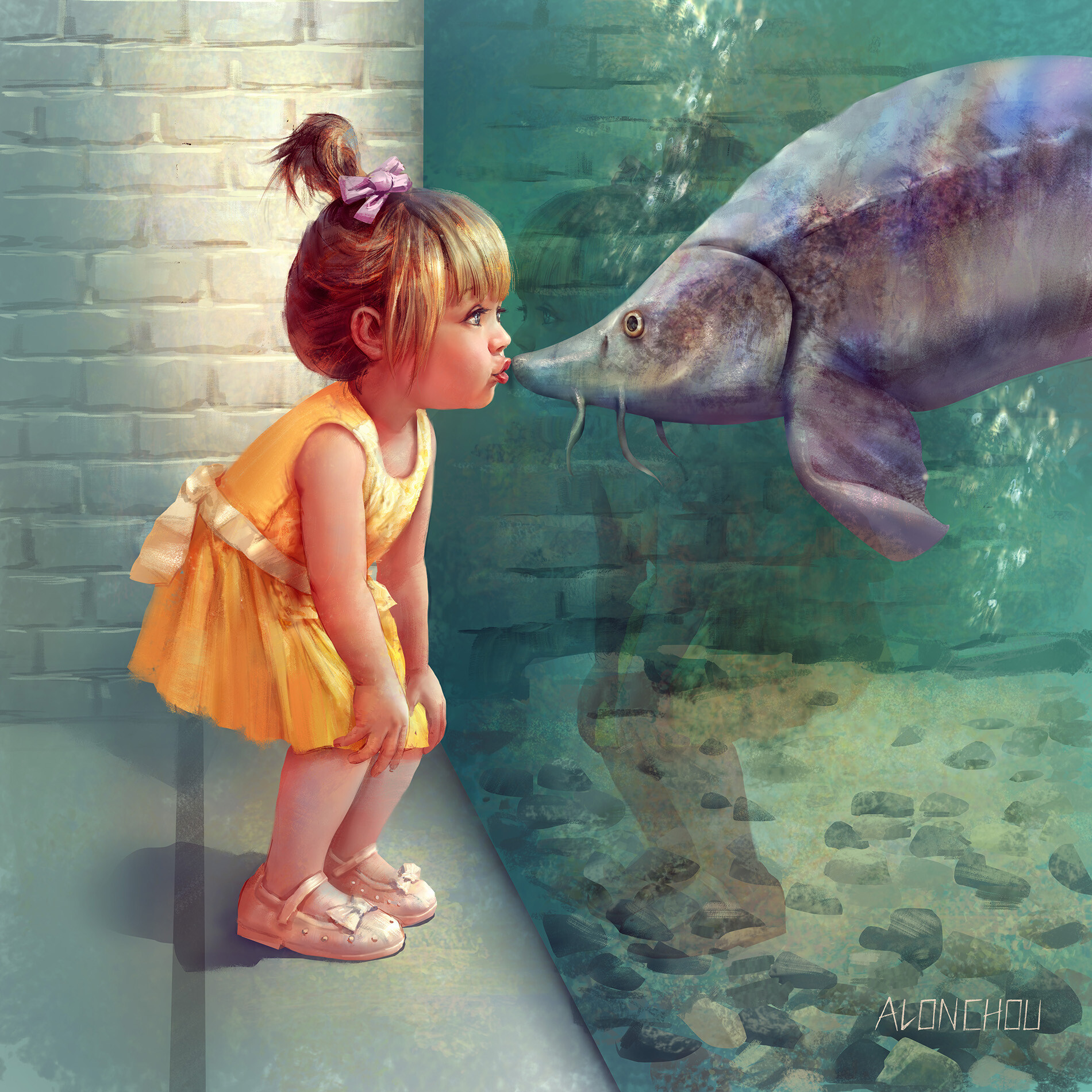 First kiss - Art, Drawing, Children, Girl, Aquarium, Alon Chou