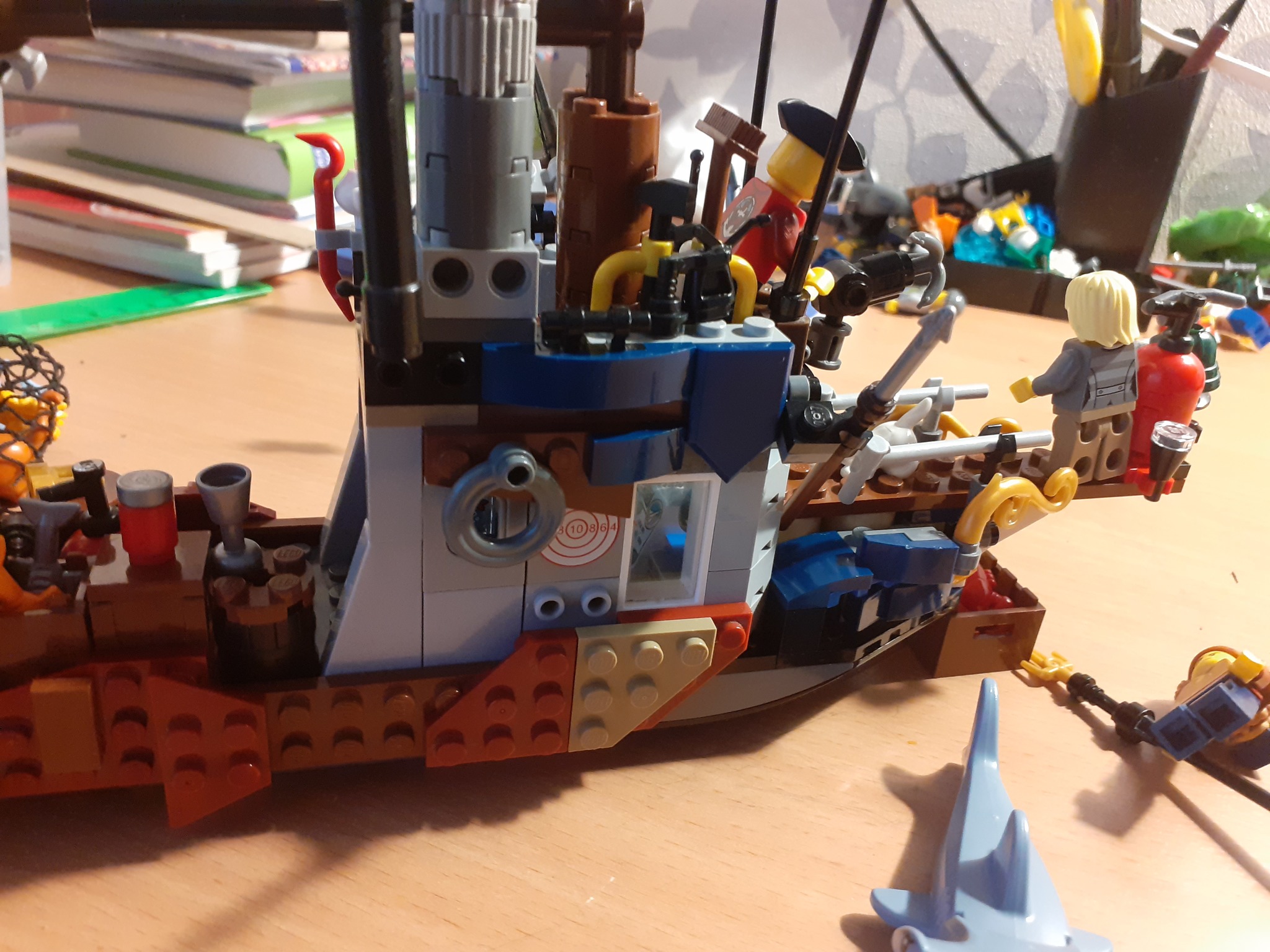 Mos fishing boat - My, Lego, Homemade, Constructor, A boat, Fishing, Fishing vessel, Pirates, cat, , Shark, Longpost