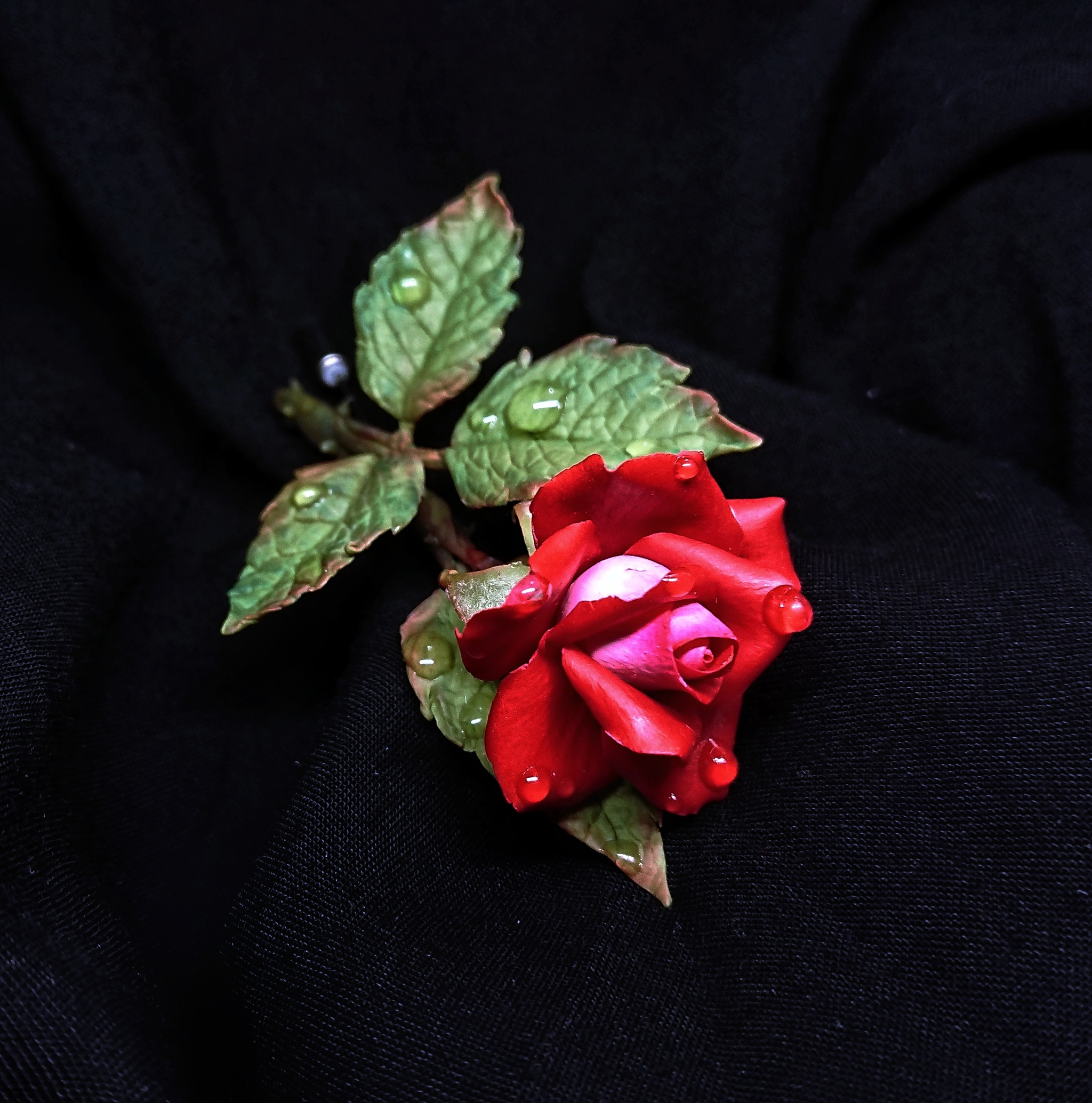 Brooch needle with scarlet rose - My, Polymer clay, With your own hands, Needlework without process, Brooch, Handmade, the Rose, Decoration, Longpost