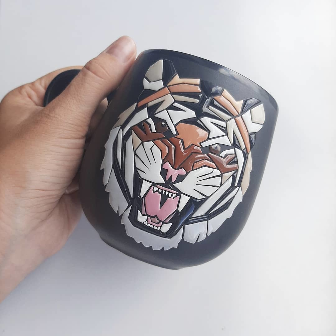 POLYMER CLAY (STYLISH GEOMETRY) - My, Needlework without process, Handmade, Polymer clay, Needlework, With your own hands, Mug with decor, Men's mug, Tiger, , 2022, Longpost