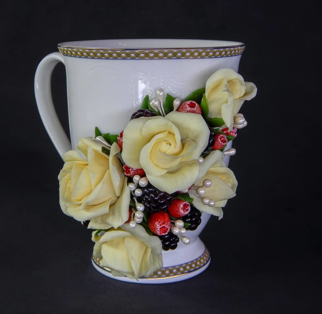 Tea set with champagne roses - My, Needlework without process, Needlework, Polymer clay, Decor, Creation, With your own hands, Longpost