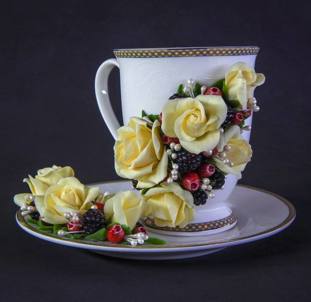 Tea set with champagne roses - My, Needlework without process, Needlework, Polymer clay, Decor, Creation, With your own hands, Longpost