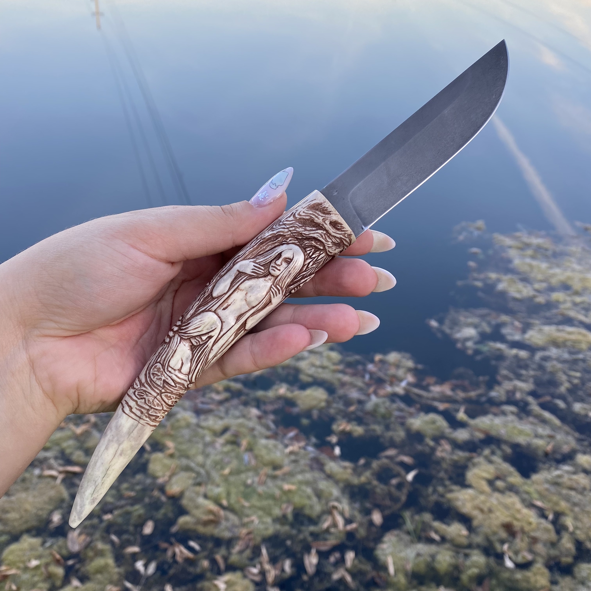 Ondine Knife - My, Knife, Undine, Bone carving, Pyrography, Longpost