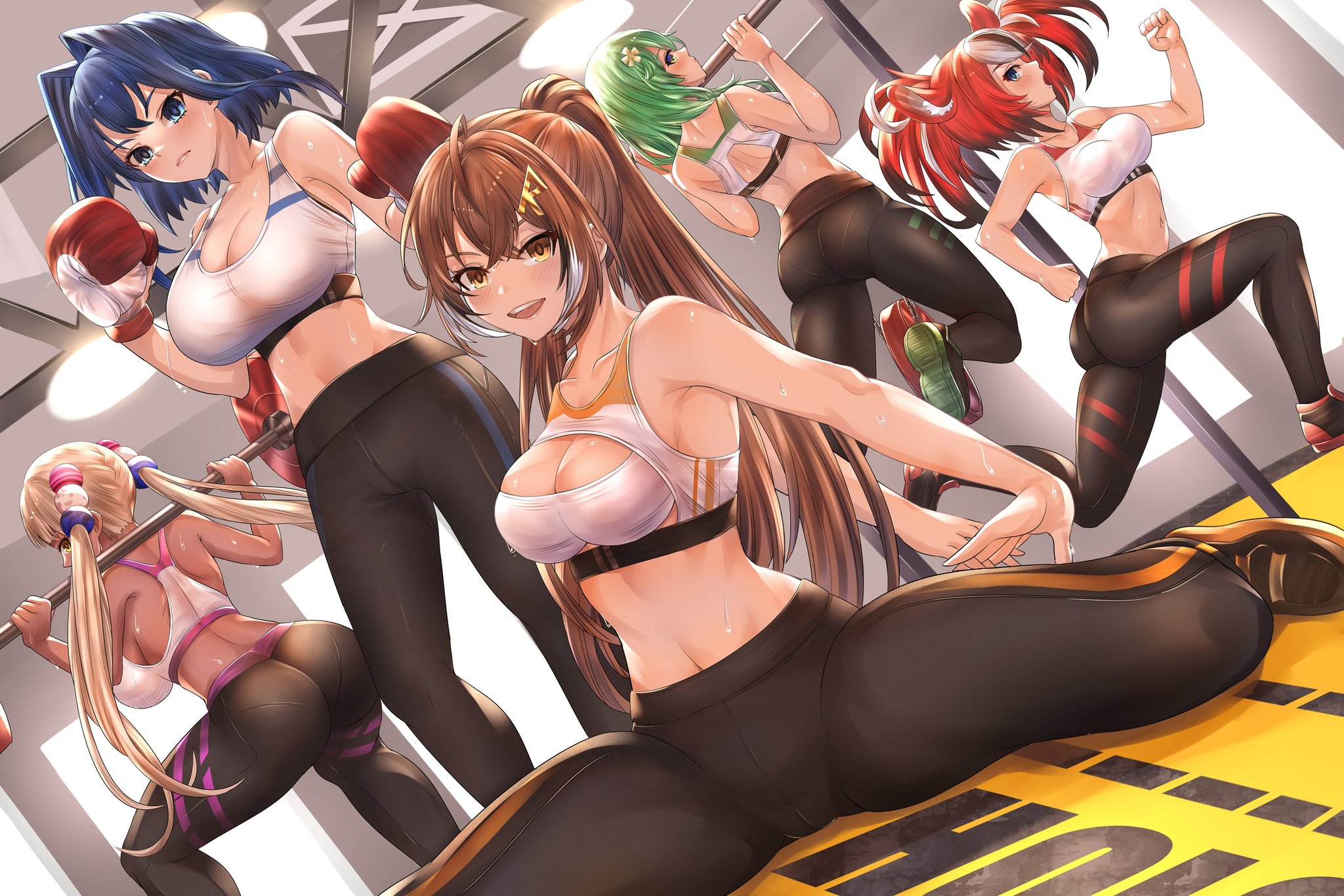 Sports girls - NSFW, Anime, Anime art, Hololive, Nanashi Mumei, Ouro Kronii, Ceres fauna, Hakos Baelz, Tsukumo sana, , Virtual youtuber, Gym uniform, Boobs, Booty, Hand-drawn erotica, Erotic, Animal ears