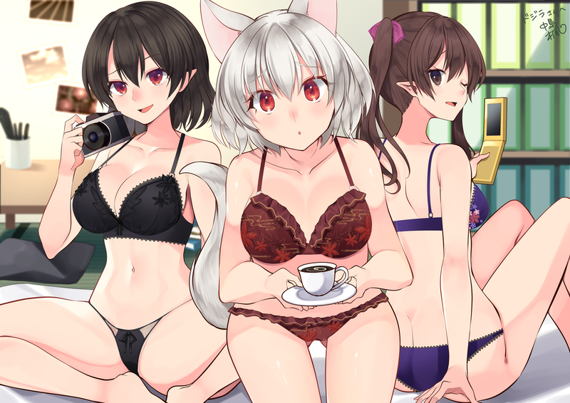 Hot trio - NSFW, Touhou, Himekaidou hatate, Inubashiri momiji, Shameimaru aya, Anime art, Anime, Underwear, Boobs, Pantsu, Hand-drawn erotica, Erotic, Longpost, Kaede mmkey