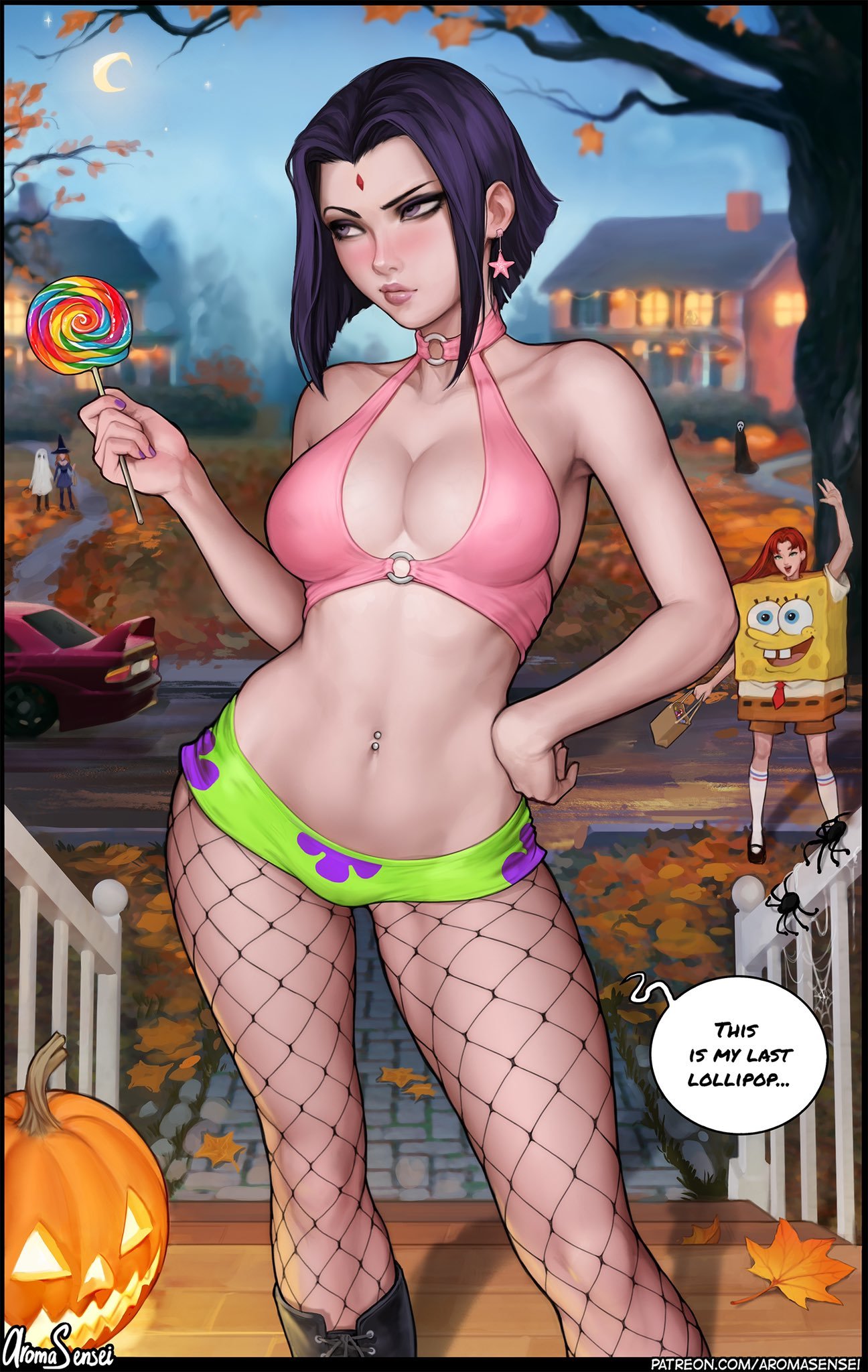 Halloween with Raven (Patrick) - NSFW, Girls, Dc comics, Raven, Patrick Star, Halloween, Costume, Erotic, Hand-drawn erotica, , Aromasensei, Longpost