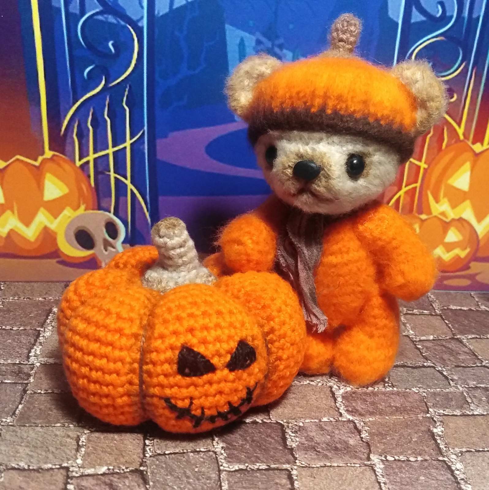 Teddy bear for halloween - My, Halloween, Crochet, Knitting, Pumpkin, Teddy bear, Longpost