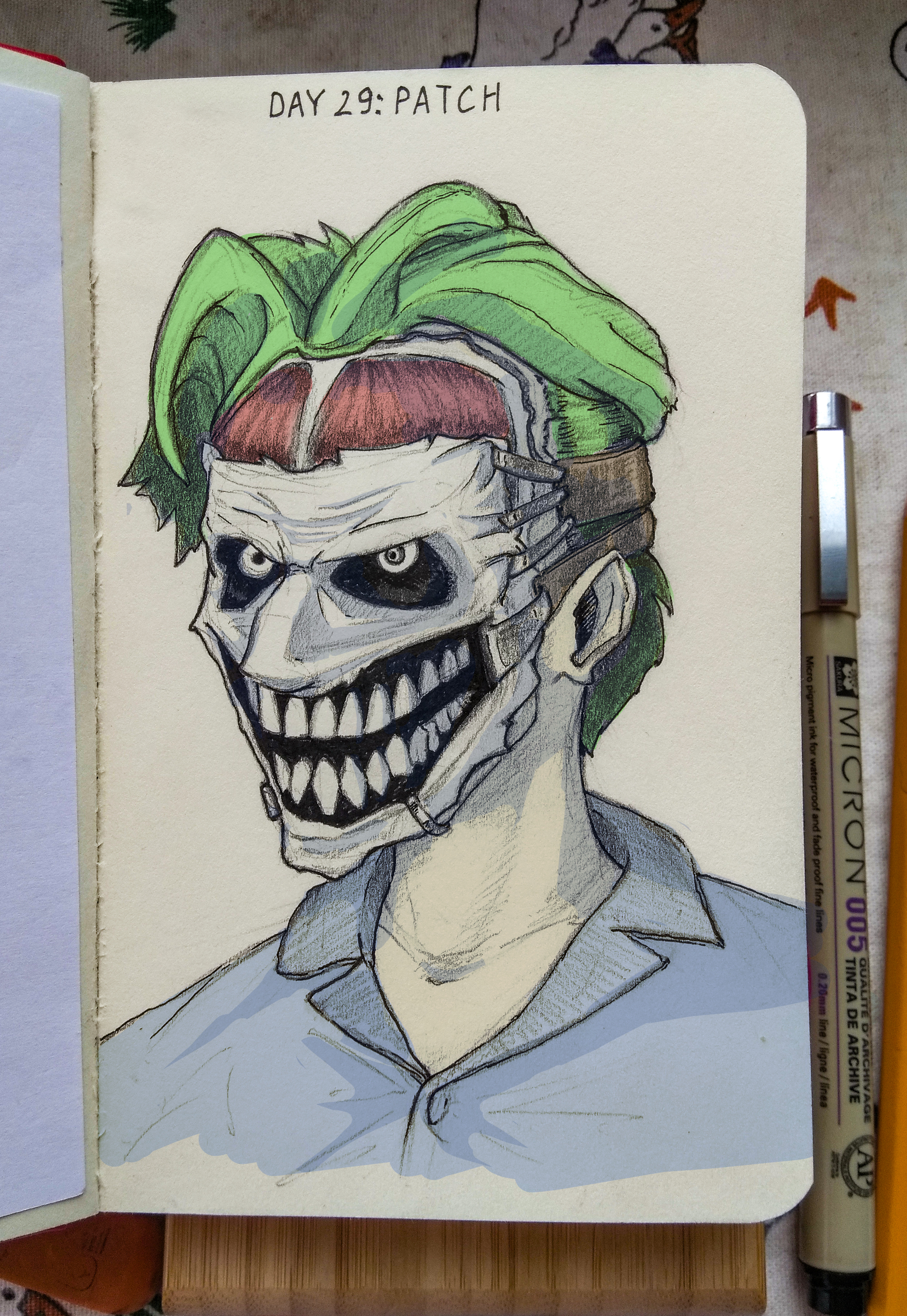 Inktober 2021 - My, Inktober, Challenge, Beginner artist, Painting, Drawing, Liner, Traditional art, Art, Sketchbook, Joker, Patch, Mask, Portrait, Longpost