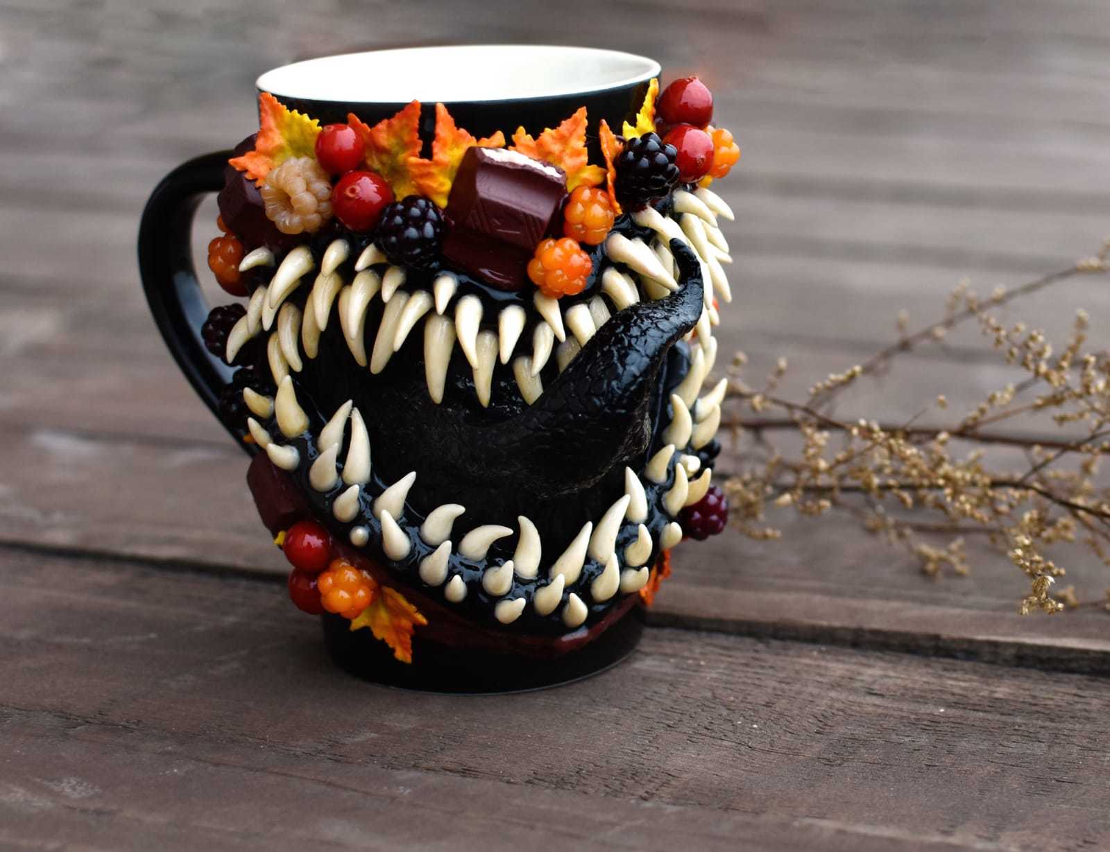 My first work with polymer clay - My, Needlework without process, Needlework, Polymer clay, Autumn, Mug with decor, Symbiote